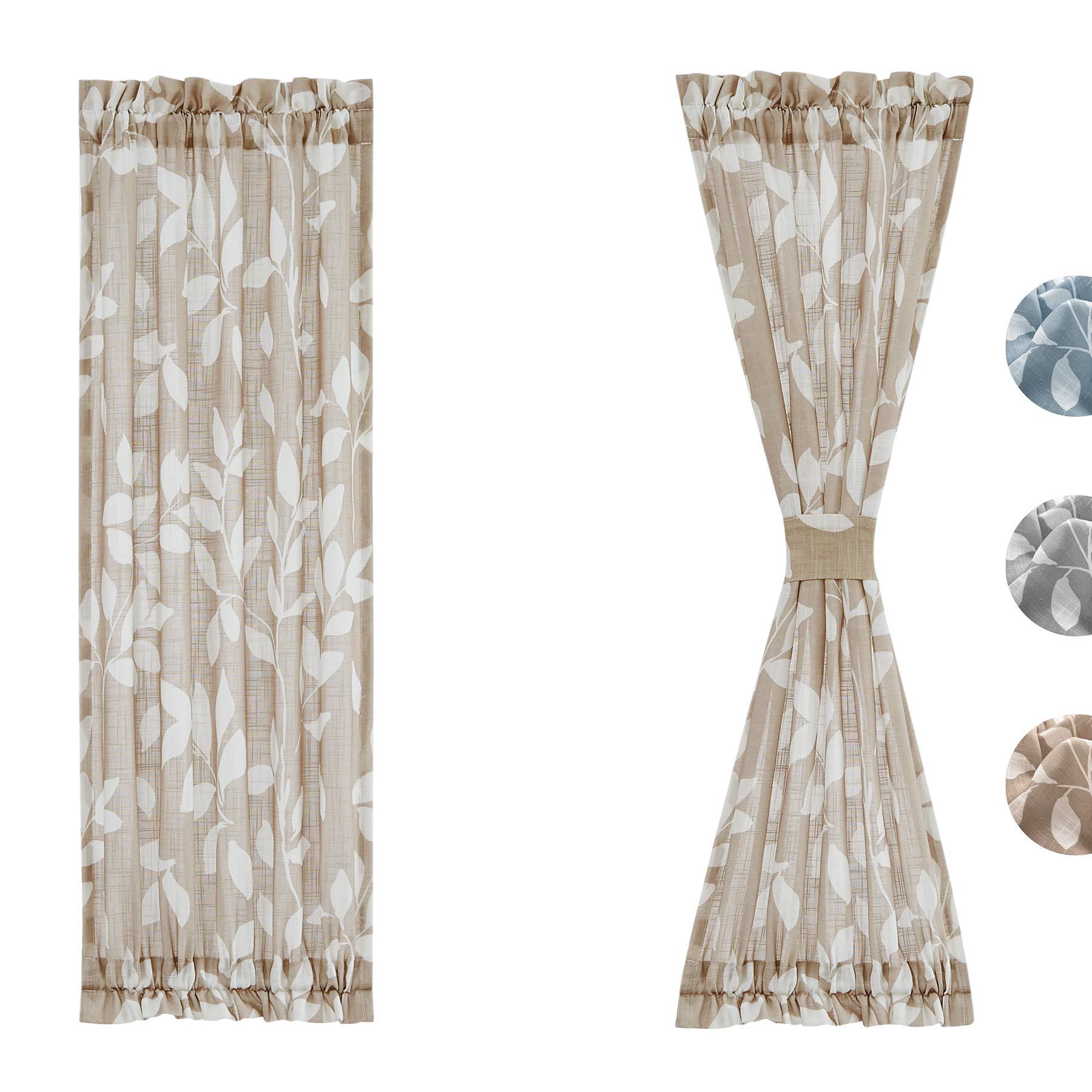 Treatmentex French Door Curtain Panels 40" Blue White Leaf Design Glass Door Curtain Not See Through Linen Textured Semi Sheer Curtain Fabric 52" w 1 Pcs