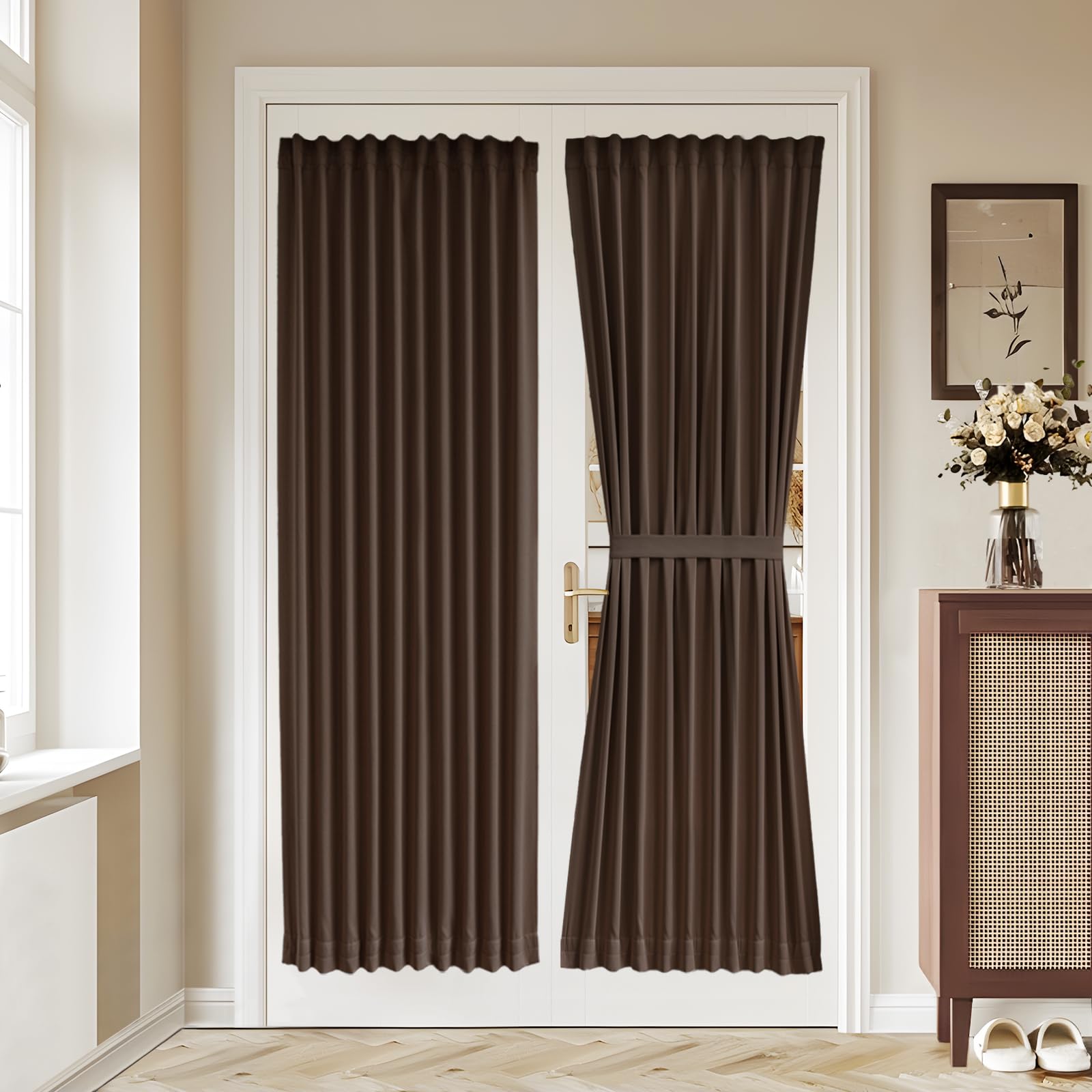 Vatge Self-Adhesive French Door Curtains - Rodless No Drill Light Filtering Window Treatment for Sliding Glass Doors, 1 Panel, W25 x L72, Greyish White