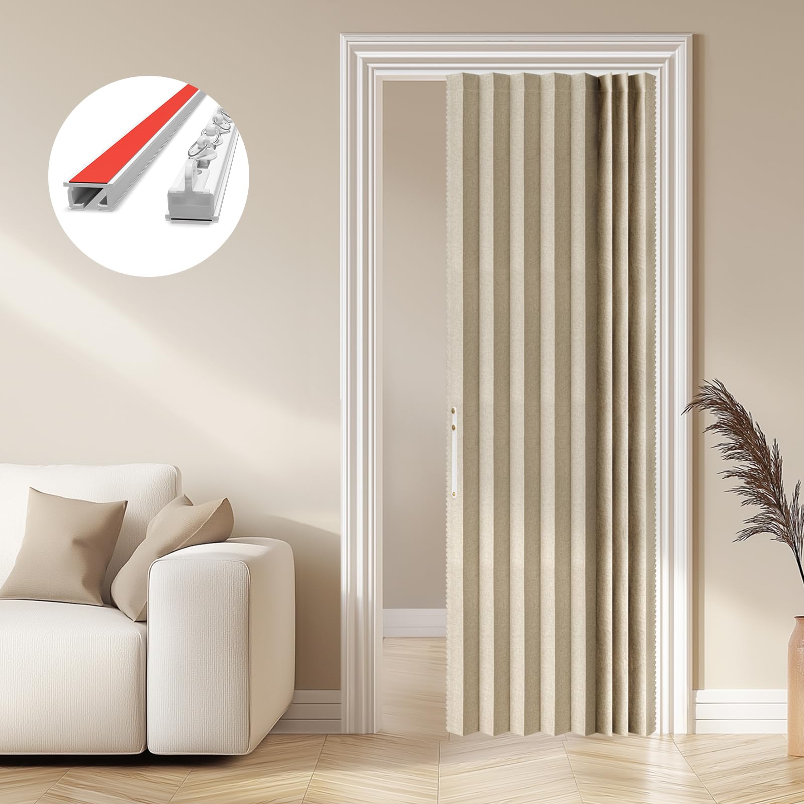 AJAZZ 100% Blackout Accordion Door Front Door Curtain Invisible Folding Doors Interior for Bedroom Living Room Doorway Curtain Sets Included Tracks (1Panel, 53W x 79 L, Black)