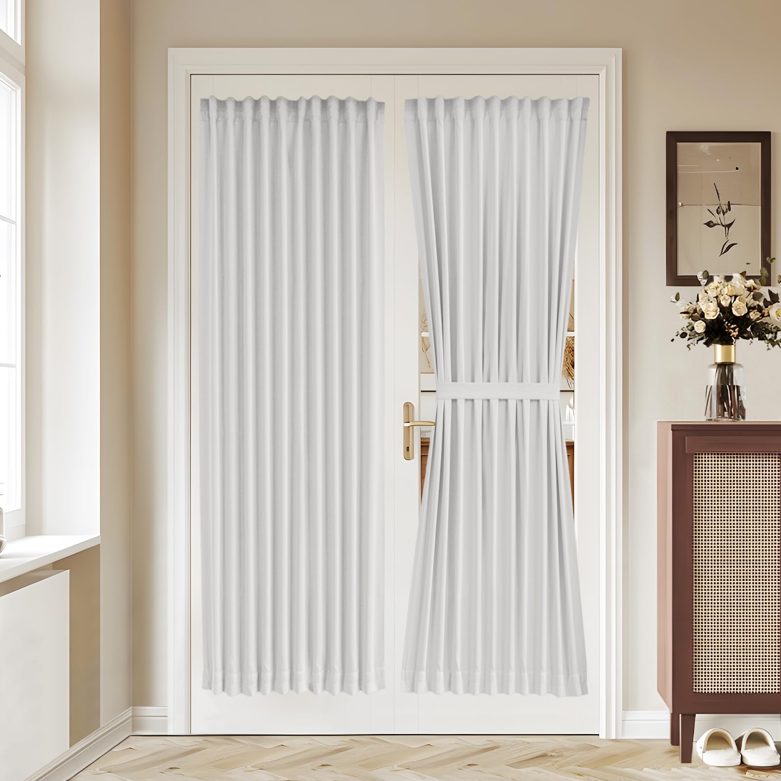 Vatge Self-Adhesive French Door Curtains - Rodless No Drill Light Filtering Window Treatment for Sliding Glass Doors, 1 Panel, W25 x L72, Greyish White