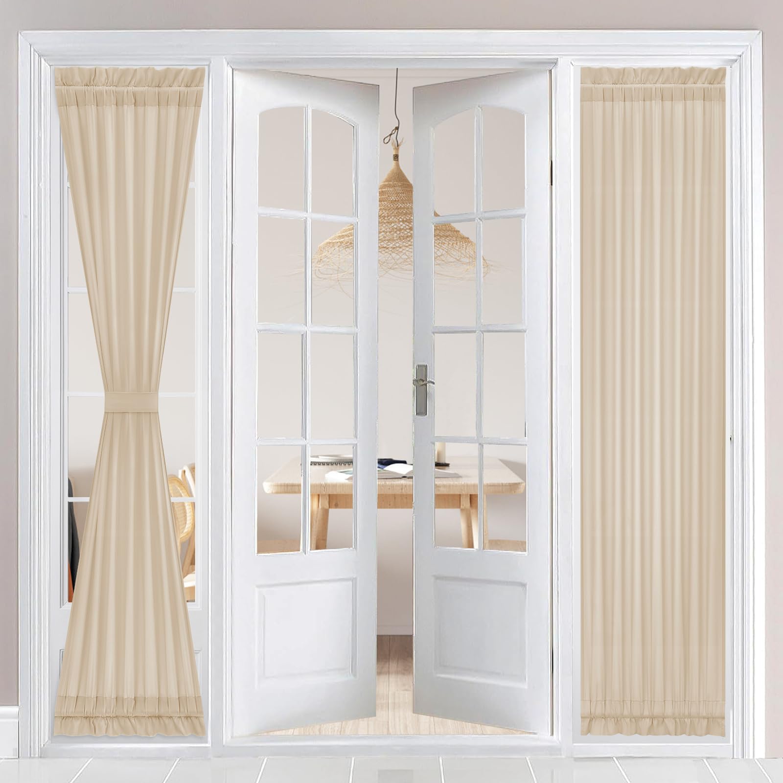 HOMEIDEAS Non-See-Through French Door Curtains Set of 2 for Front Door, Light Filtering Privacy Semi Sheer Window Curtains with Rod Pocket and Tie Back, Beige/Taupe, 26W X 72L Inch