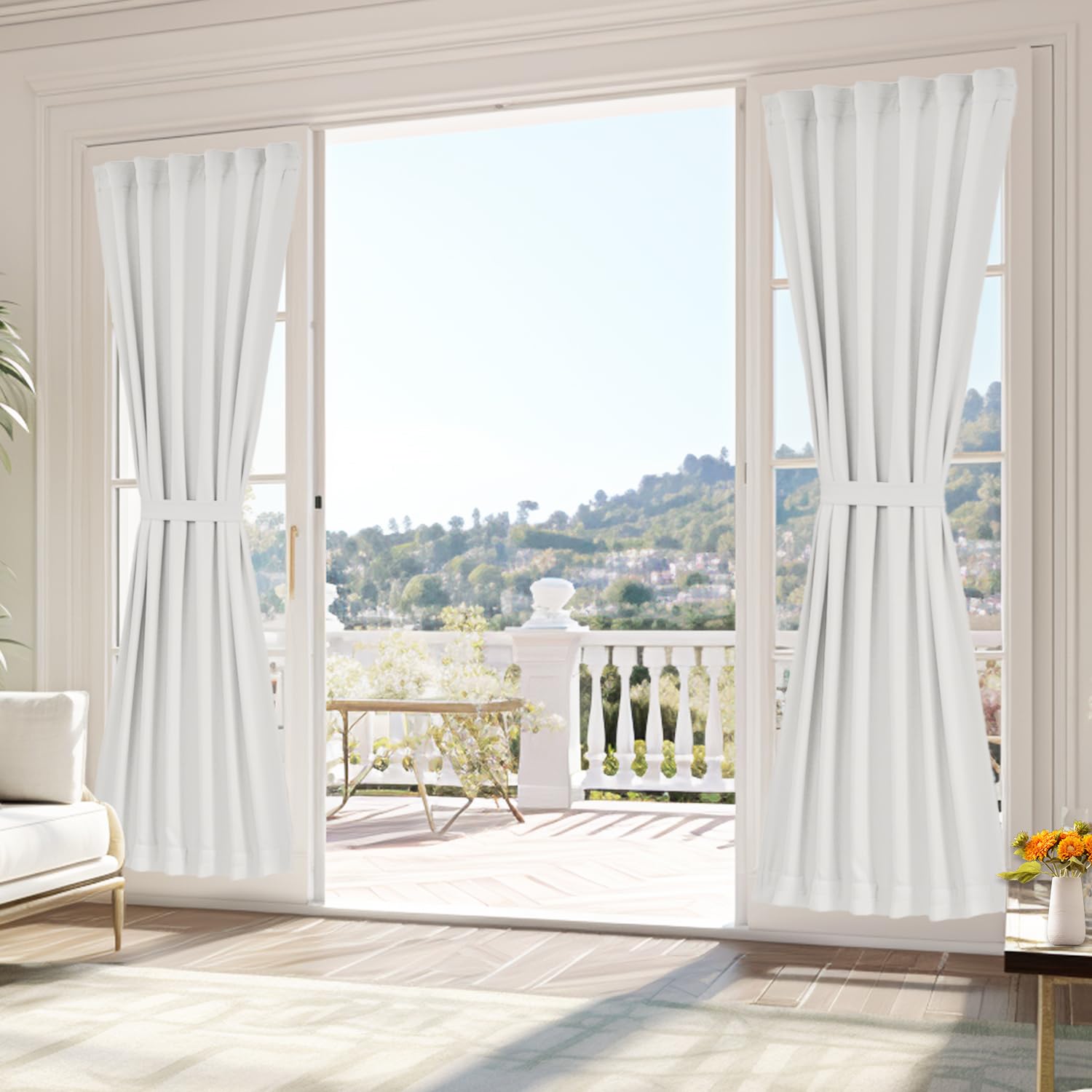 Vatge Self-Adhesive French Door Curtains - Rodless No Drill Light Filtering Window Treatment for Sliding Glass Doors, 1 Panel, W25 x L72, Greyish White