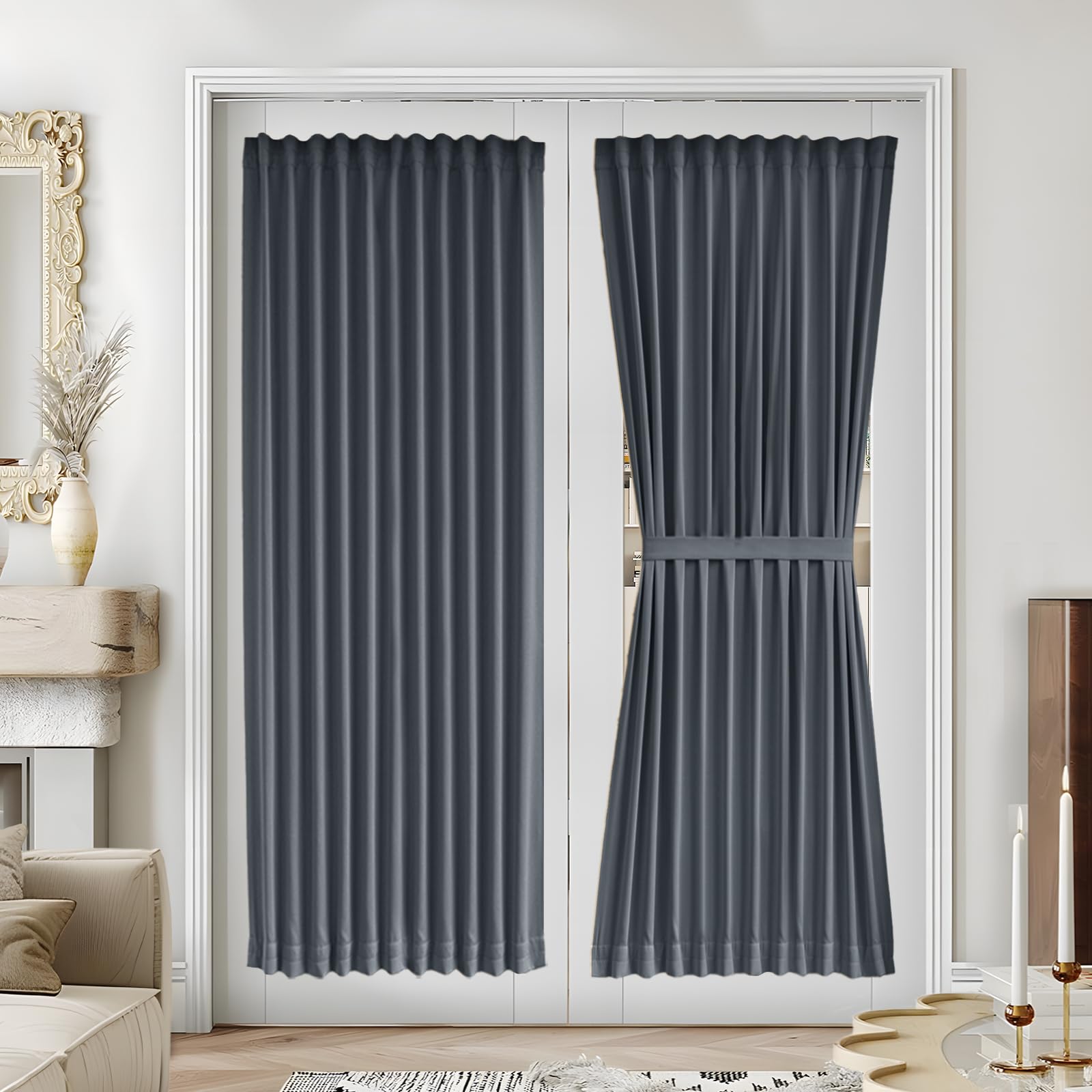 Vatge Self-Adhesive French Door Curtains - Rodless No Drill Light Filtering Window Treatment for Sliding Glass Doors, 1 Panel, W25 x L72, Greyish White