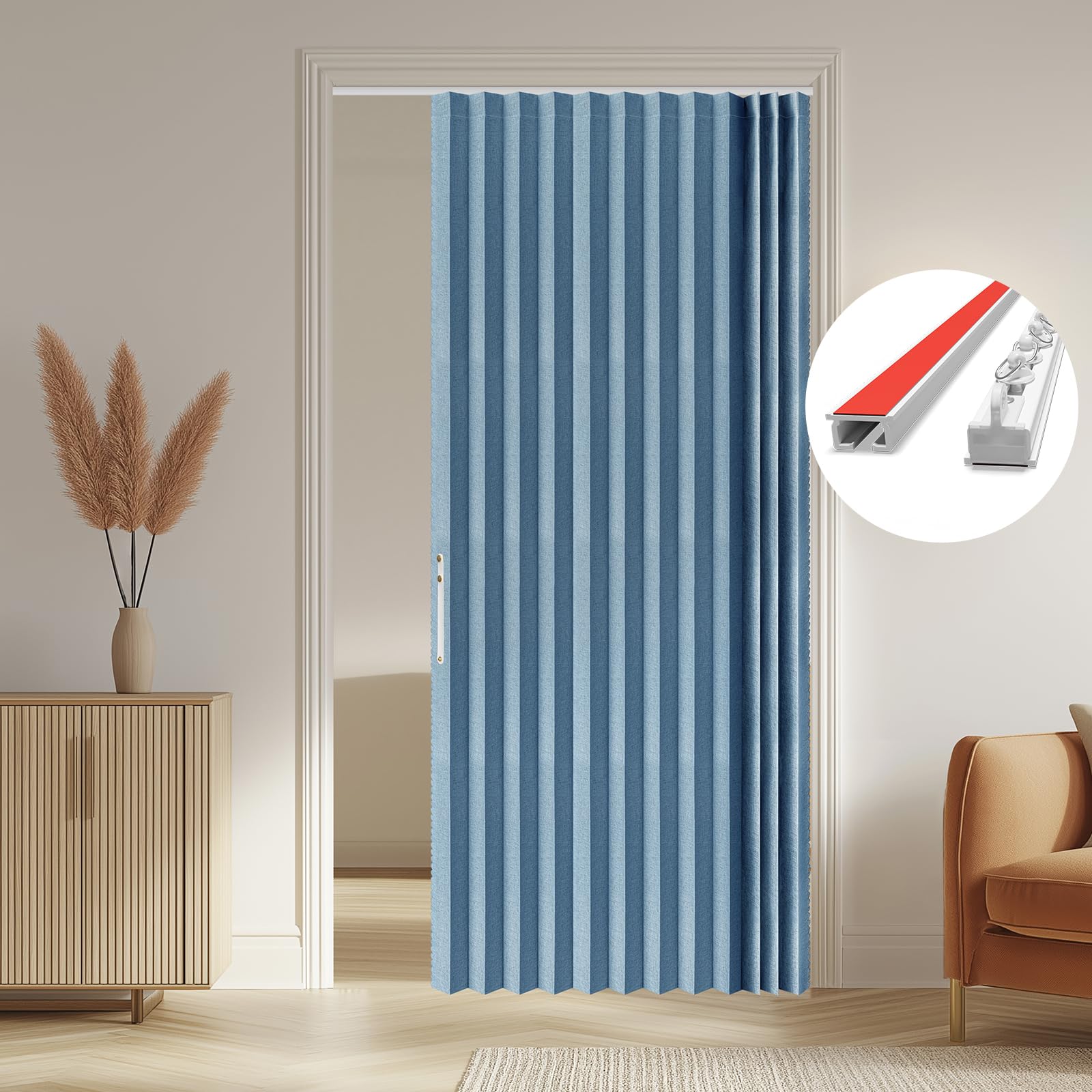 AJAZZ 100% Blackout Accordion Door Front Door Curtain Invisible Folding Doors Interior for Bedroom Living Room Doorway Curtain Sets Included Tracks (1Panel, 53W x 79 L, Black)