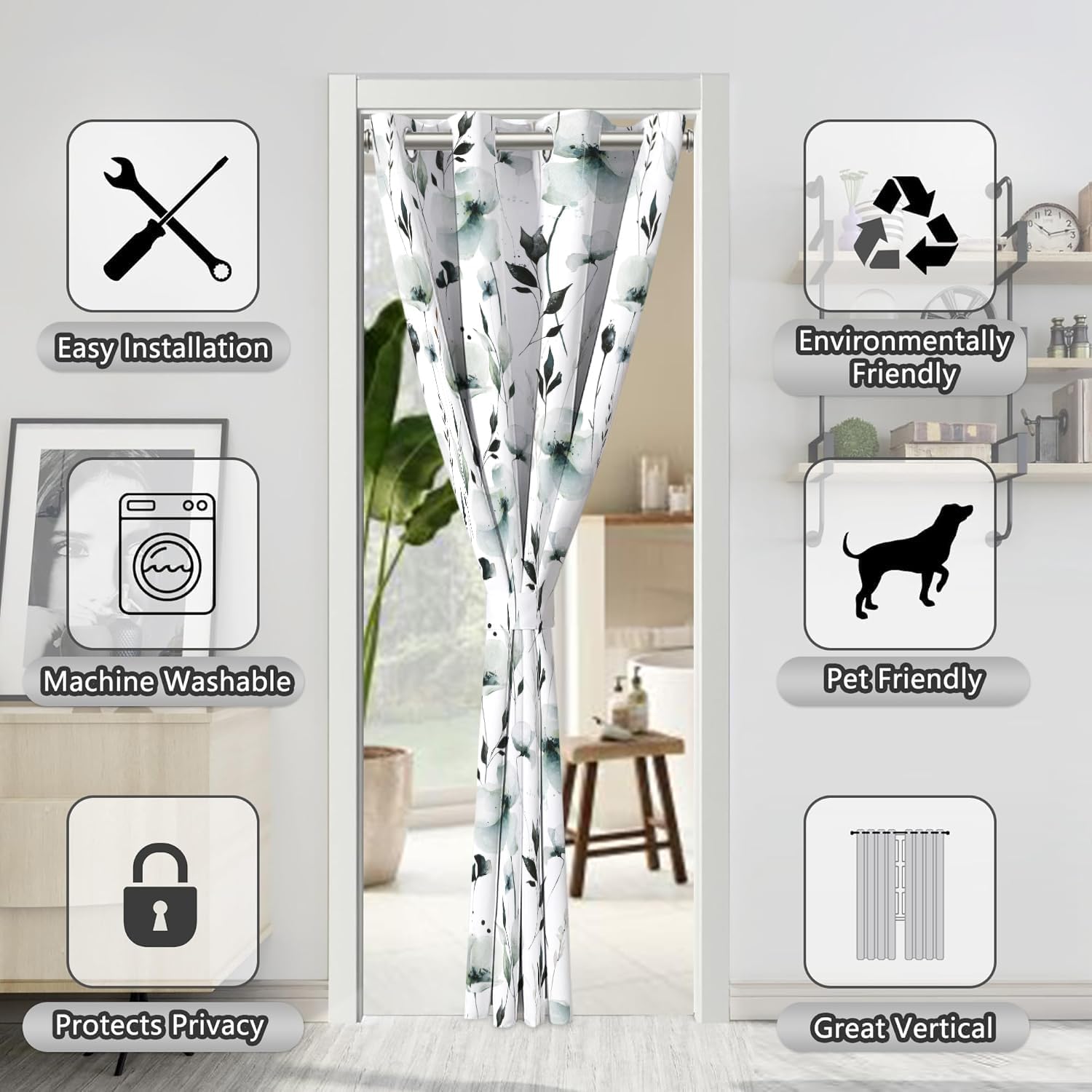 Grey Green Floral Door Curtains for Doorways, Abstract Watercolor Botanical Blackout Grommet Curtain for Closet or Room Divider, Modern Privacy Door Drapes, 34" W x 80" L