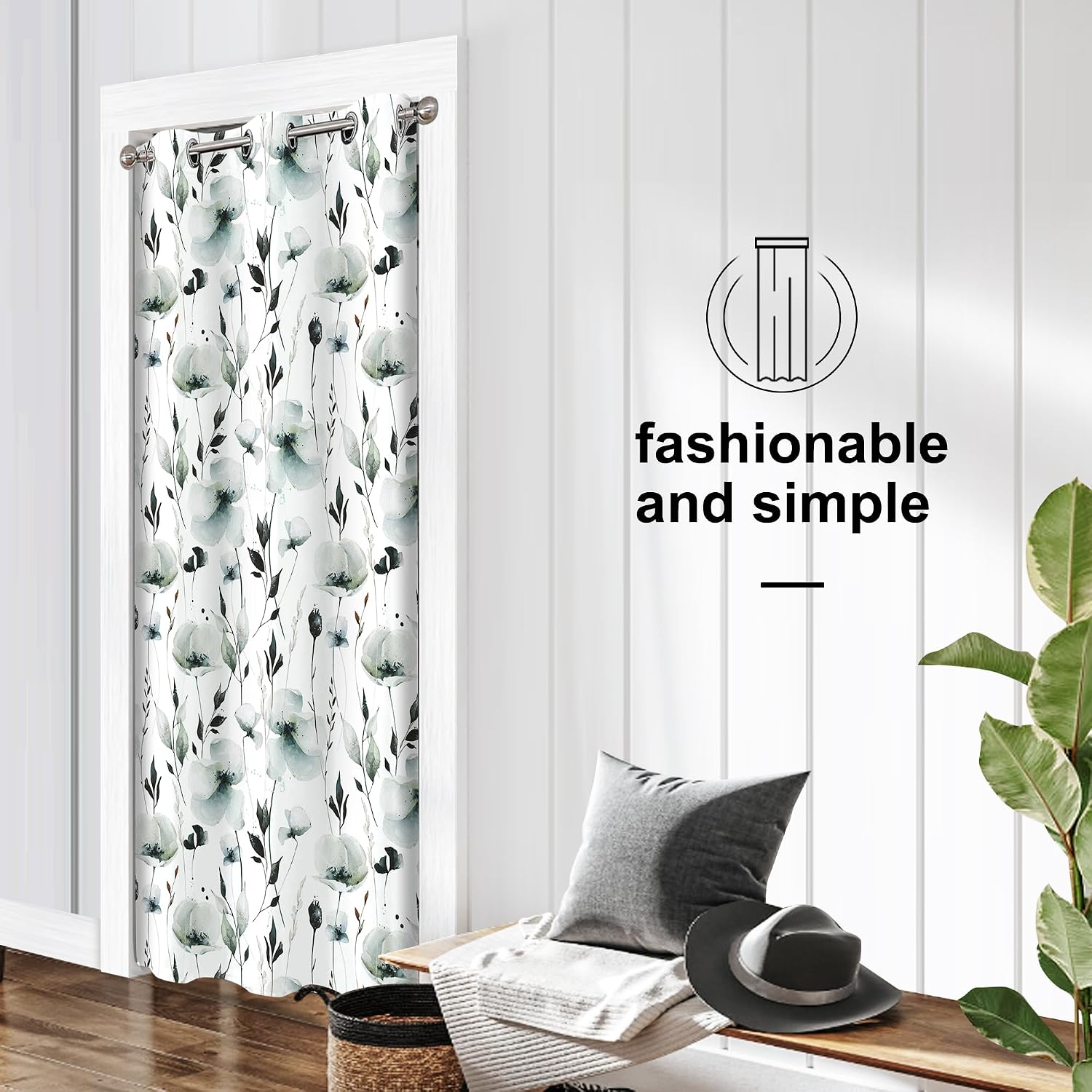 Grey Green Floral Door Curtains for Doorways, Abstract Watercolor Botanical Blackout Grommet Curtain for Closet or Room Divider, Modern Privacy Door Drapes, 34" W x 80" L