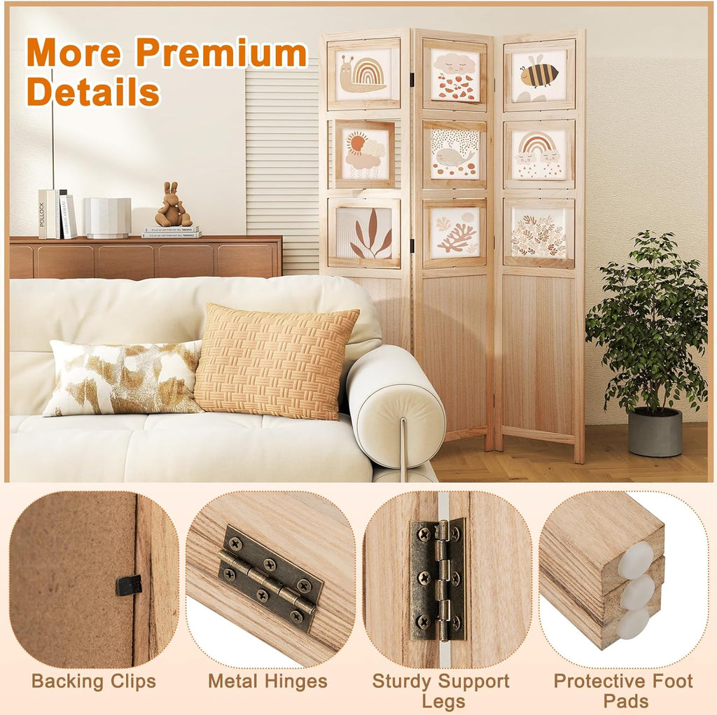 Giantex 3 Panel Room Divider with 9 Rotating Picture Frames, 67'' Folding Privacy Screen for Photo Display, Freestanding Wood Wall Partition for Room Separation, Bedroom, Office, Natural