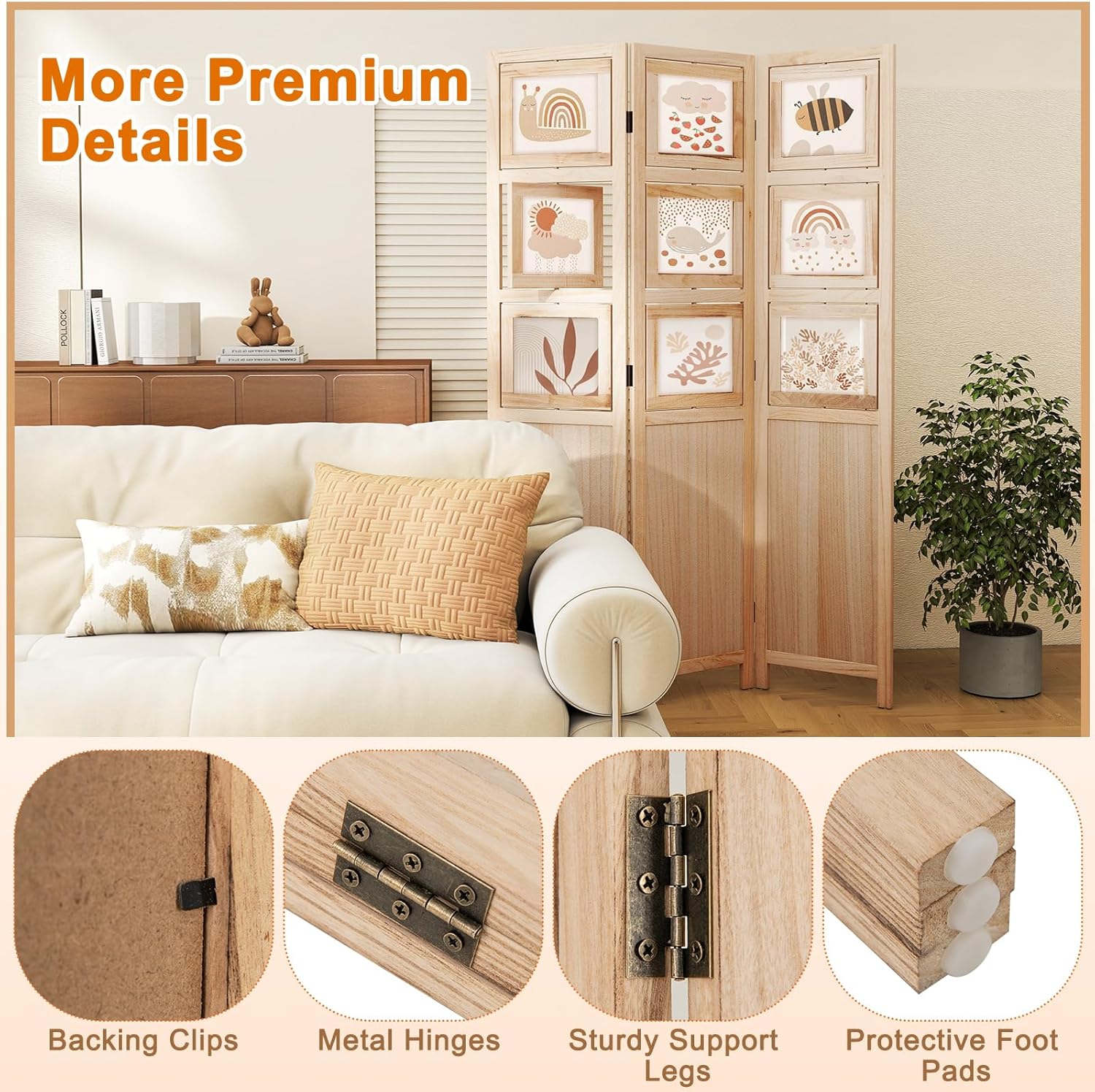 Giantex 3 Panel Room Divider with 9 Rotating Picture Frames, 67'' Folding Privacy Screen for Photo Display, Freestanding Wood Wall Partition for Room Separation, Bedroom, Office, Natural