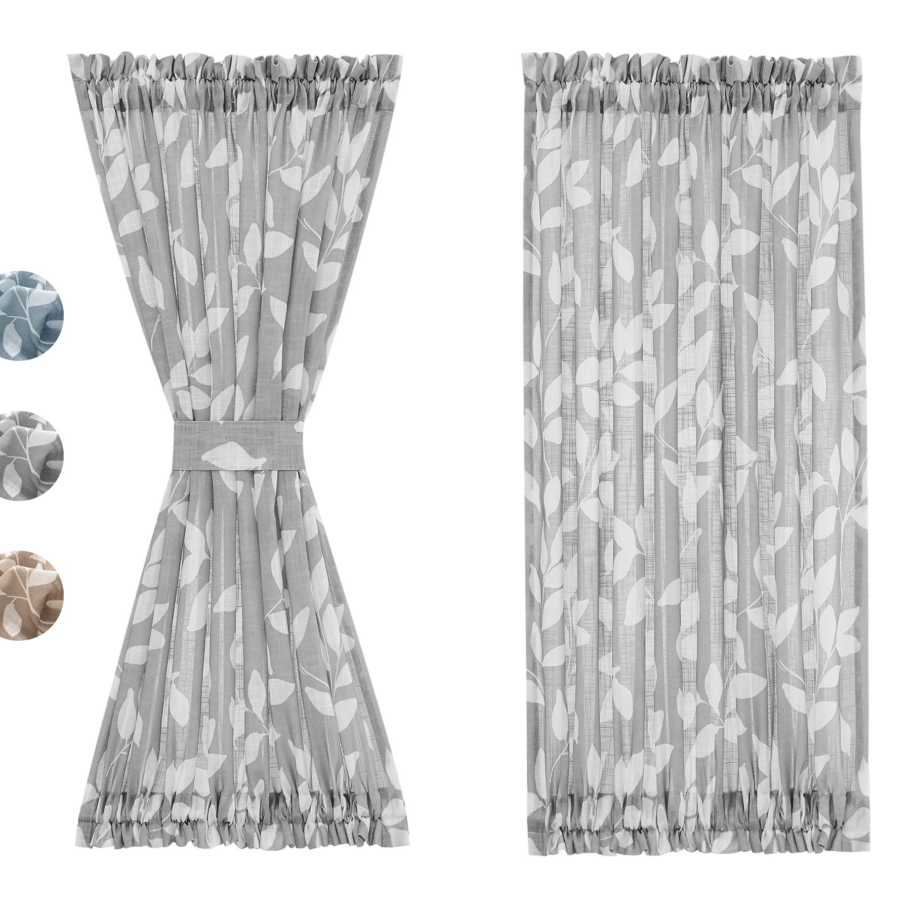 Treatmentex French Door Curtain Panels 40" Blue White Leaf Design Glass Door Curtain Not See Through Linen Textured Semi Sheer Curtain Fabric 52" w 1 Pcs