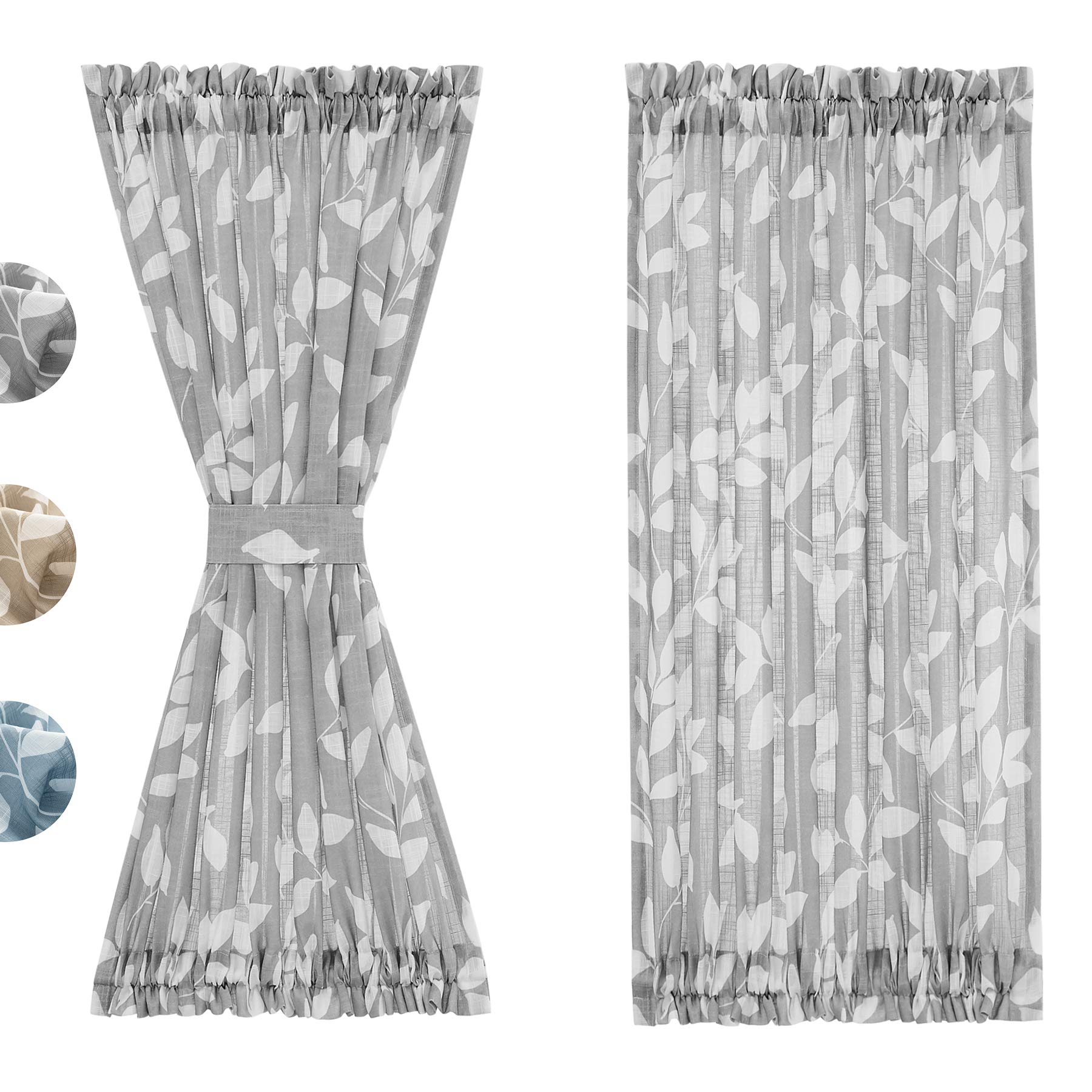 Treatmentex French Door Curtain Panels 40" Blue White Leaf Design Glass Door Curtain Not See Through Linen Textured Semi Sheer Curtain Fabric 52" w 1 Pcs