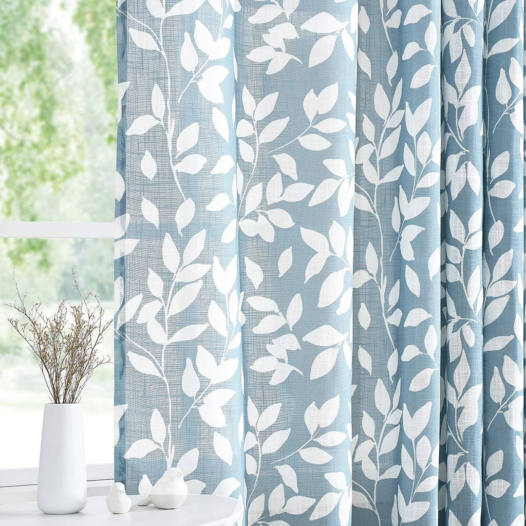 Treatmentex French Door Curtain Panels 40" Blue White Leaf Design Glass Door Curtain Not See Through Linen Textured Semi Sheer Curtain Fabric 52" w 1 Pcs
