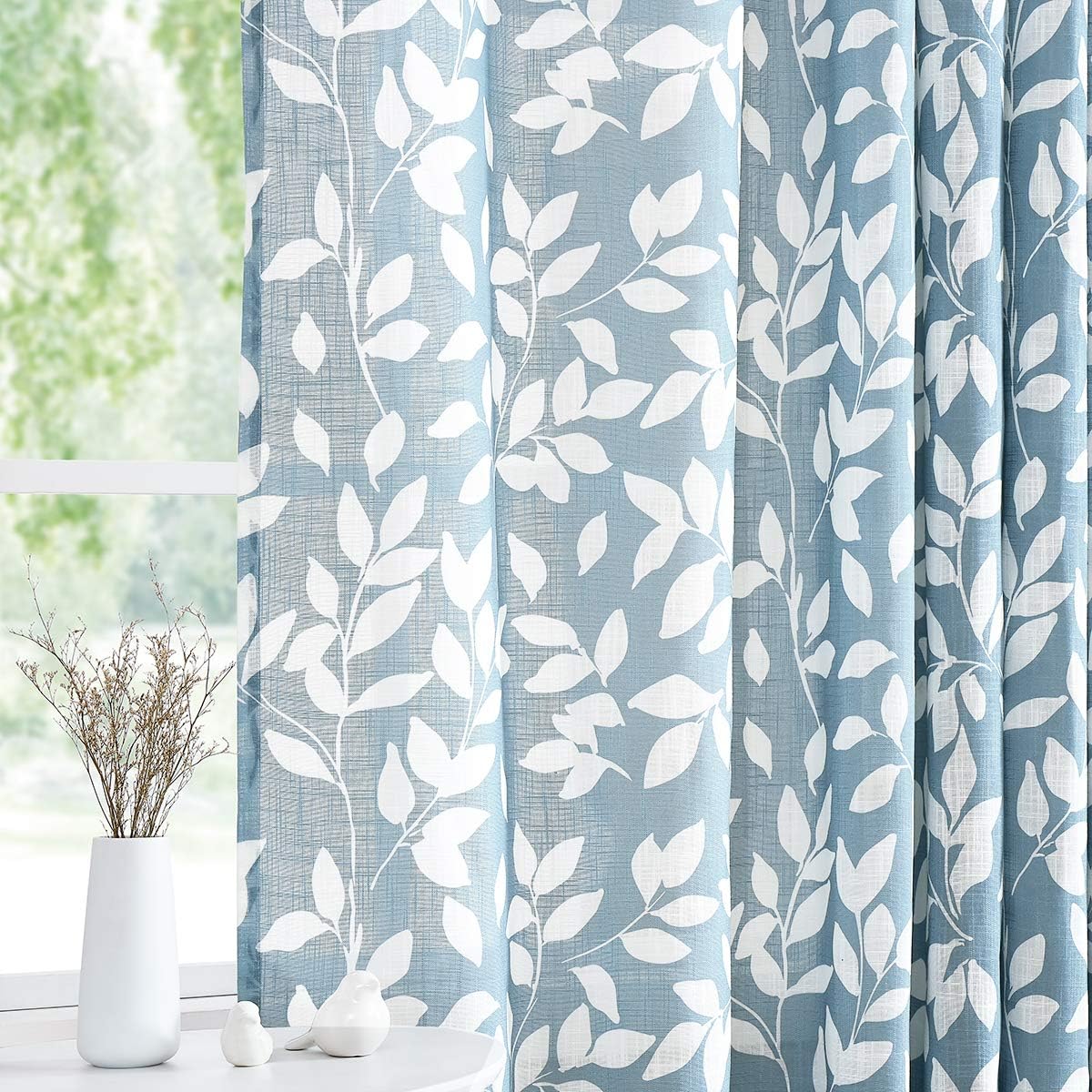 Treatmentex French Door Curtain Panels 40" Blue White Leaf Design Glass Door Curtain Not See Through Linen Textured Semi Sheer Curtain Fabric 52" w 1 Pcs