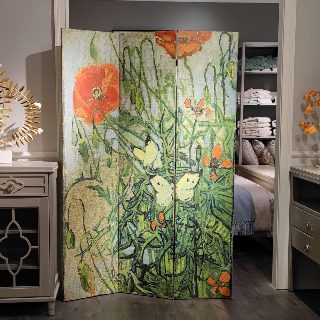 Room Divider Wood Privacy Screens Van Gogh's Butterflies and Poppies Painting Canvas 3-Panel Foldable Portable Separating Divider Room Partitions Freestanding Home Decor 71'' High