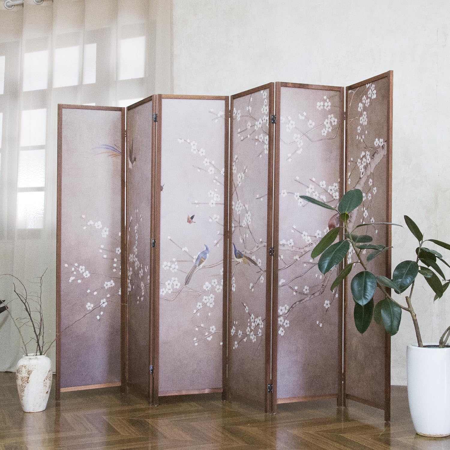 4 Panel Room Divider, 5.6 ft Tall Blackout Folding Privacy Screen - Freestanding Partition Wall with Double-Sided Patterns, Graceful Floral and Bird Artwork for Home Office (67" H x 63" W)