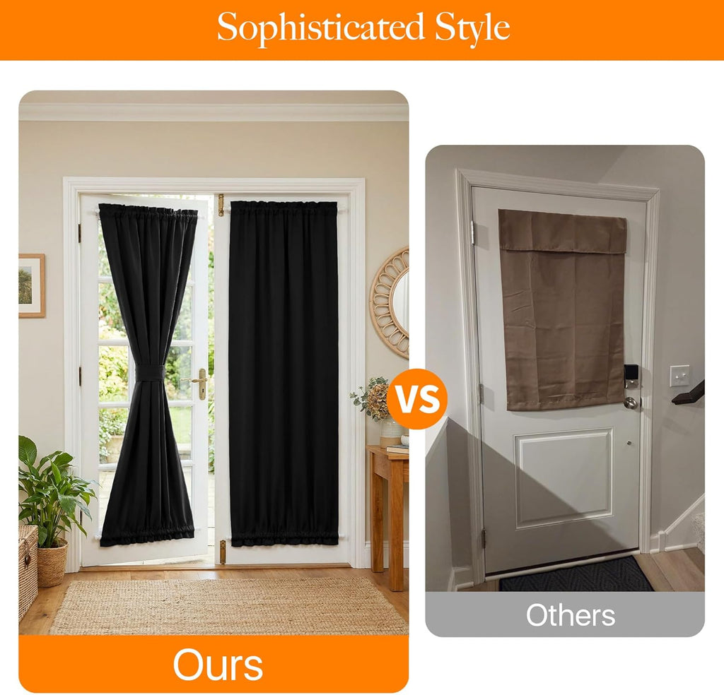 RYB HOME 100% Blackout French Door Curtain for Door Window with Dual Rod Pocket No Coating - Privacy Assured Thermal Insulated Room Darkening Drapes for Sidelight Window, W 26 x L 72, 1 Panel, Black