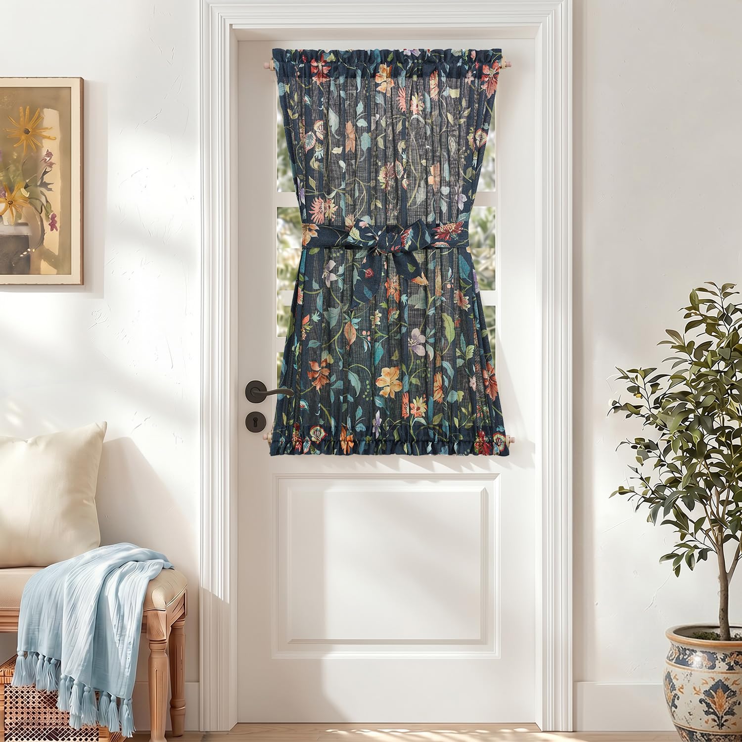 jinchan Floral French Door Curtain Panel Farmhouse Decor Light Filtering Linen with Tie Up Bow for Glass Door or Patio 72 Inch Length Rod Pocket 1 Panel Blue on Linen