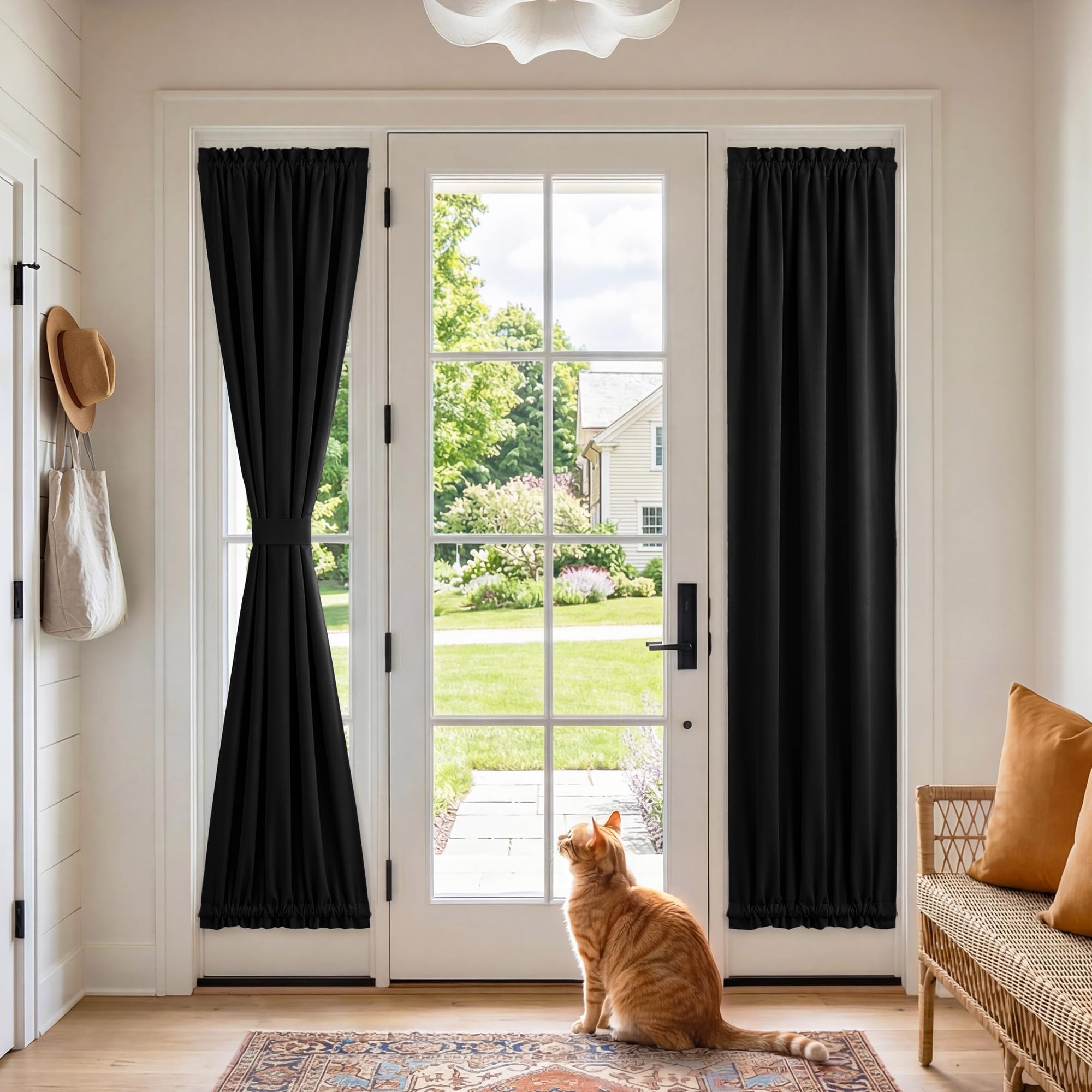 RYB HOME 100% Blackout French Door Curtain for Door Window with Dual Rod Pocket No Coating - Privacy Assured Thermal Insulated Room Darkening Drapes for Sidelight Window, W 26 x L 72, 1 Panel, Black
