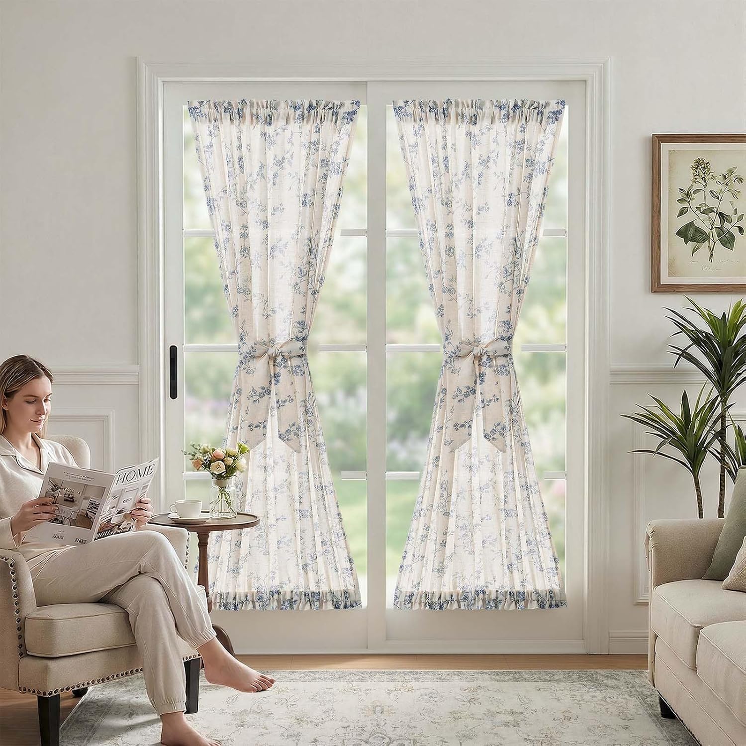 jinchan Floral French Door Curtain Panel Farmhouse Decor Light Filtering Linen with Tie Up Bow for Glass Door or Patio 72 Inch Length Rod Pocket 1 Panel Blue on Linen