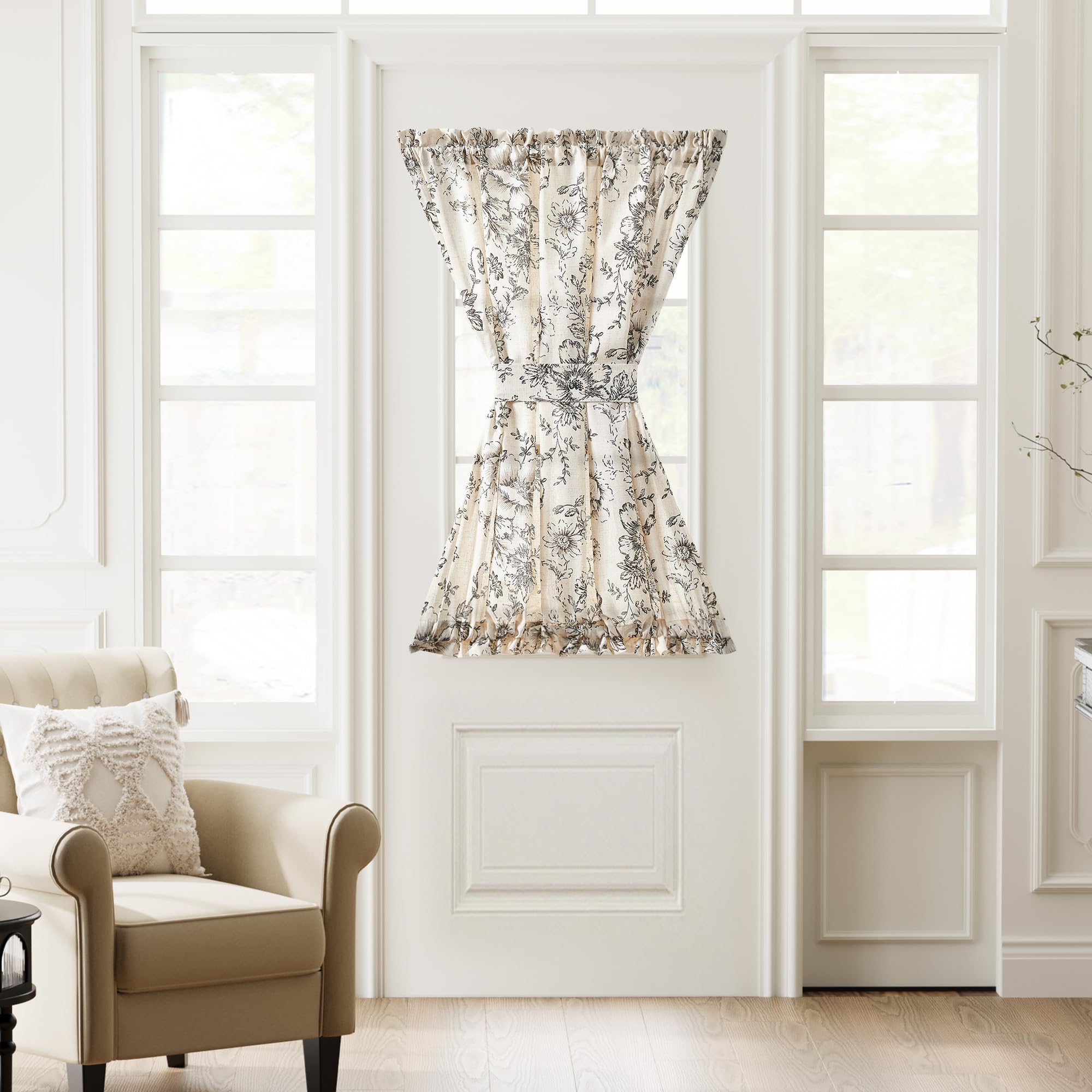 jinchan Floral French Door Curtain Panel Farmhouse Decor Light Filtering Linen with Tie Up Bow for Glass Door or Patio 72 Inch Length Rod Pocket 1 Panel Blue on Linen