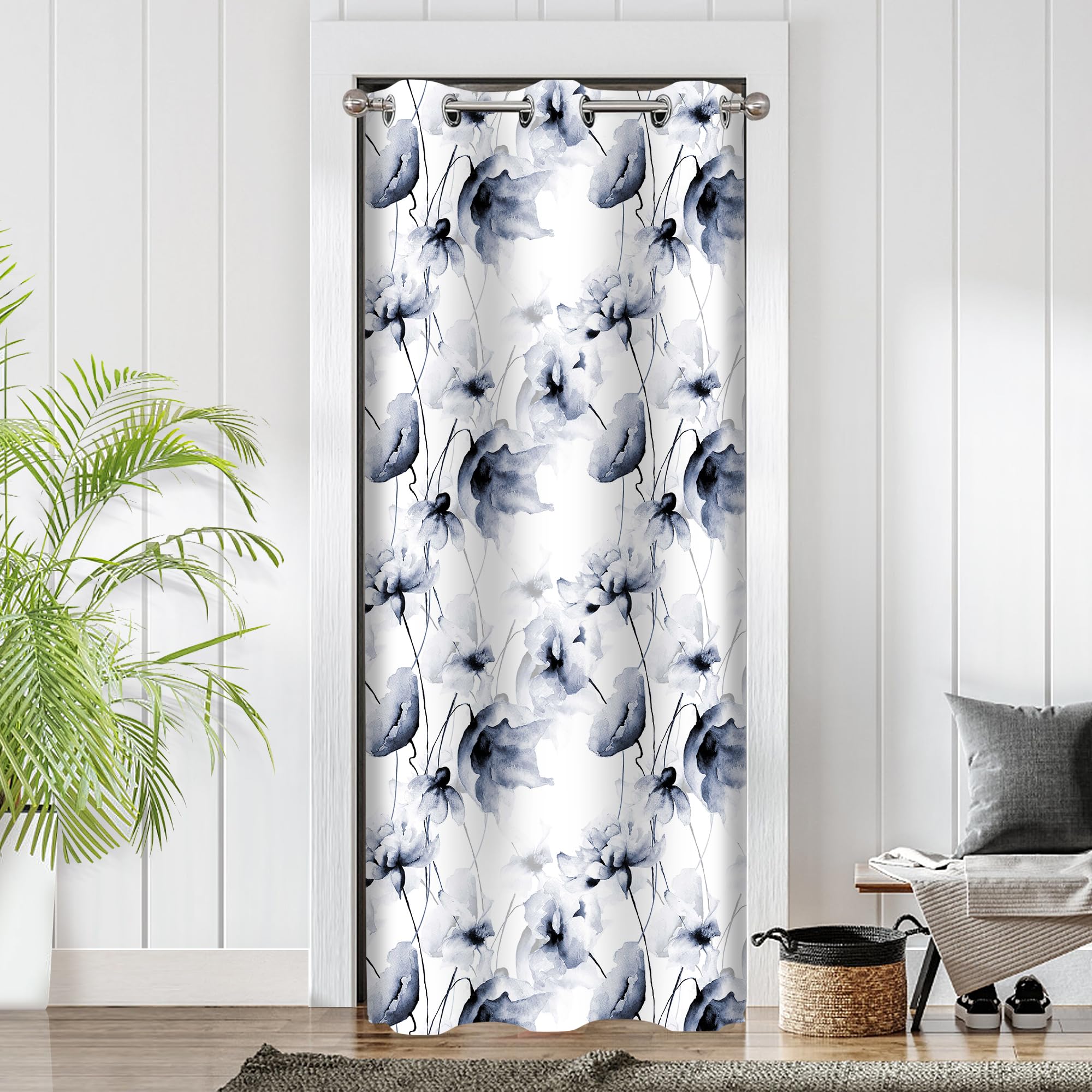 Grey Green Floral Door Curtains for Doorways, Abstract Watercolor Botanical Blackout Grommet Curtain for Closet or Room Divider, Modern Privacy Door Drapes, 34" W x 80" L