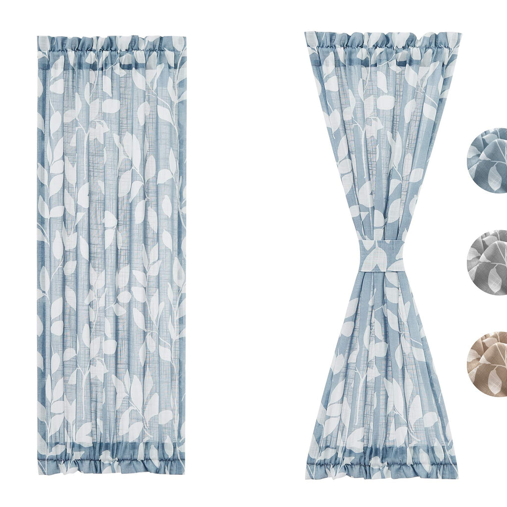 Treatmentex French Door Curtain Panels 40" Blue White Leaf Design Glass Door Curtain Not See Through Linen Textured Semi Sheer Curtain Fabric 52" w 1 Pcs