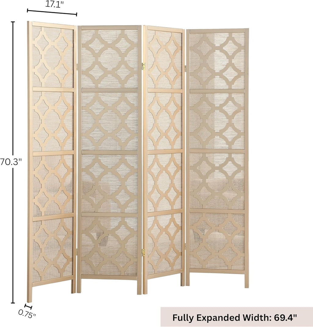 Roundhill Furniture Quarterfoil Infused Diamond Design 4-Panel Room Divider, Gold