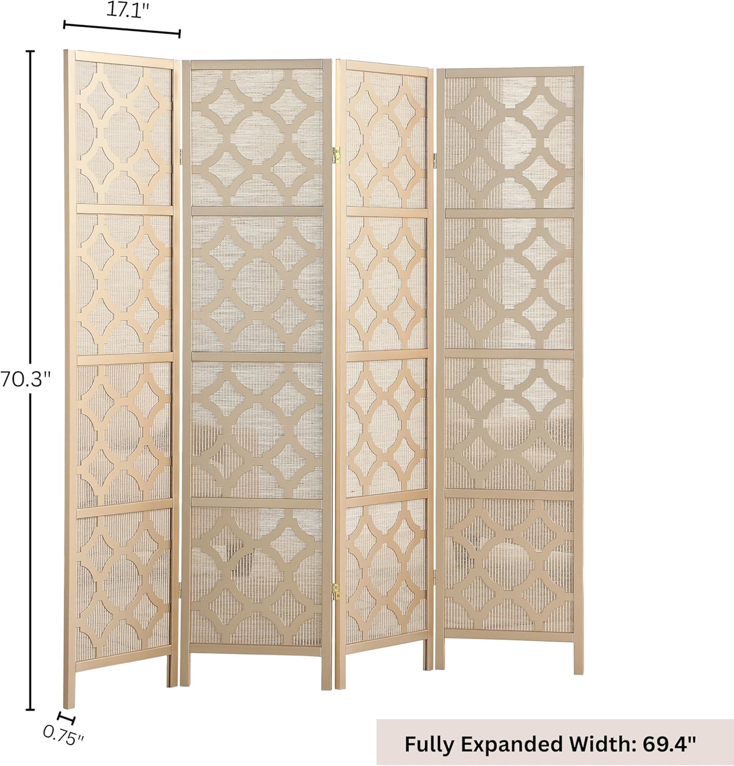 Roundhill Furniture Quarterfoil Infused Diamond Design 4-Panel Room Divider, Gold