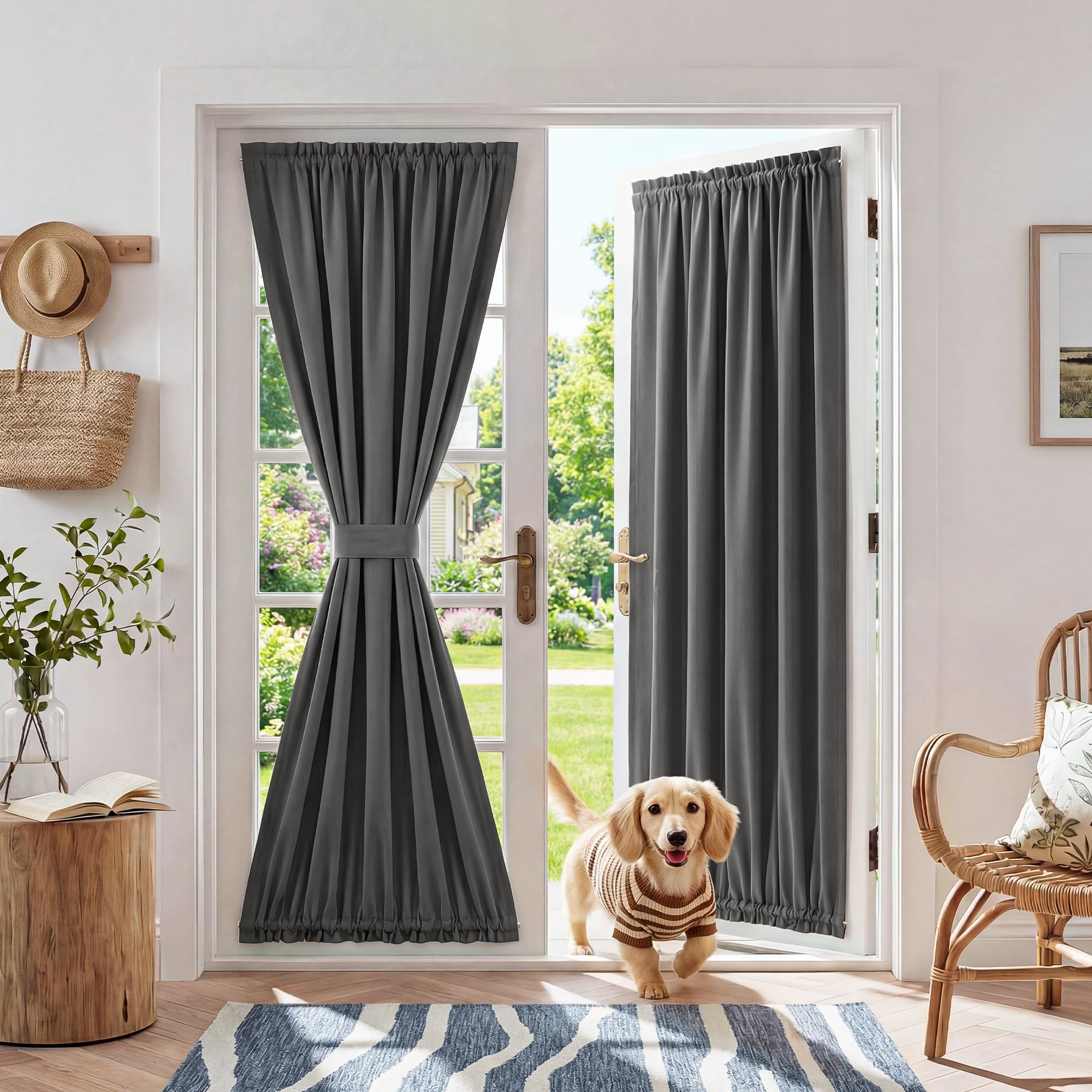 RYB HOME 100% Blackout French Door Curtain for Door Window with Dual Rod Pocket No Coating - Privacy Assured Thermal Insulated Room Darkening Drapes for Sidelight Window, W 26 x L 72, 1 Panel, Black