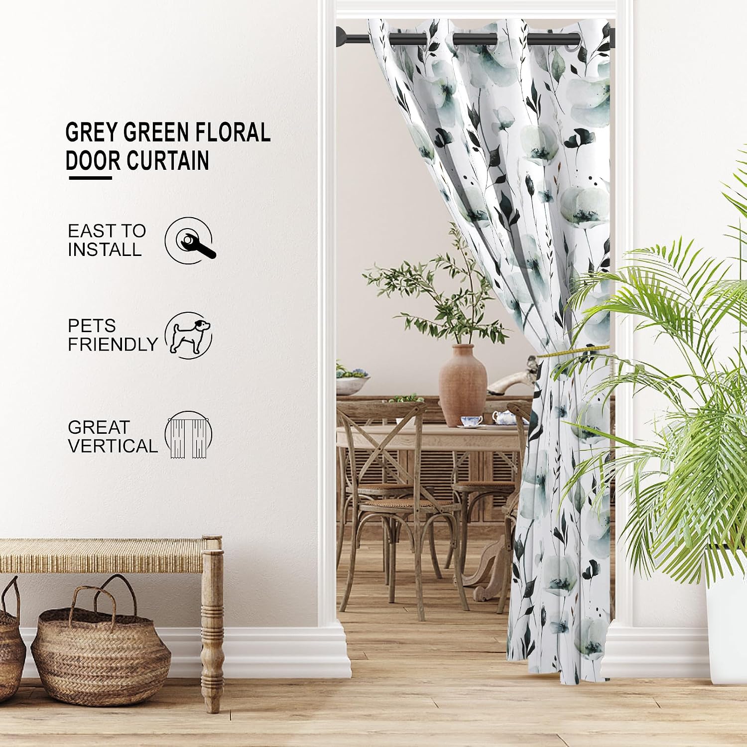 Grey Green Floral Door Curtains for Doorways, Abstract Watercolor Botanical Blackout Grommet Curtain for Closet or Room Divider, Modern Privacy Door Drapes, 34" W x 80" L