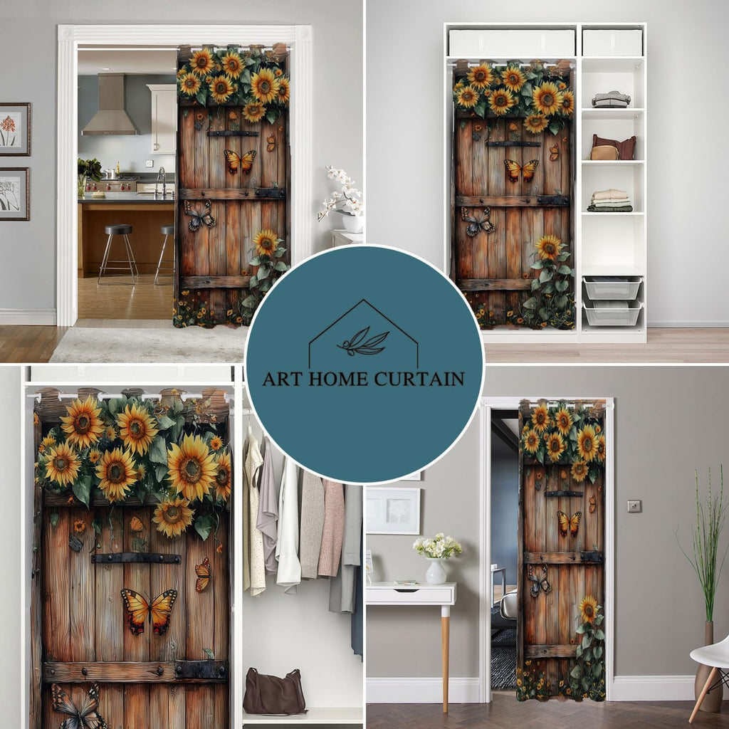 Wooden Barn Door Door Curtain for Doorway Privacy Sunflower Flowers Butterfly Country Closet Door Cover Curtain for Darkening Door Drape for Kid Teens Boys Teens, 1 Panel 34" W X 80" L