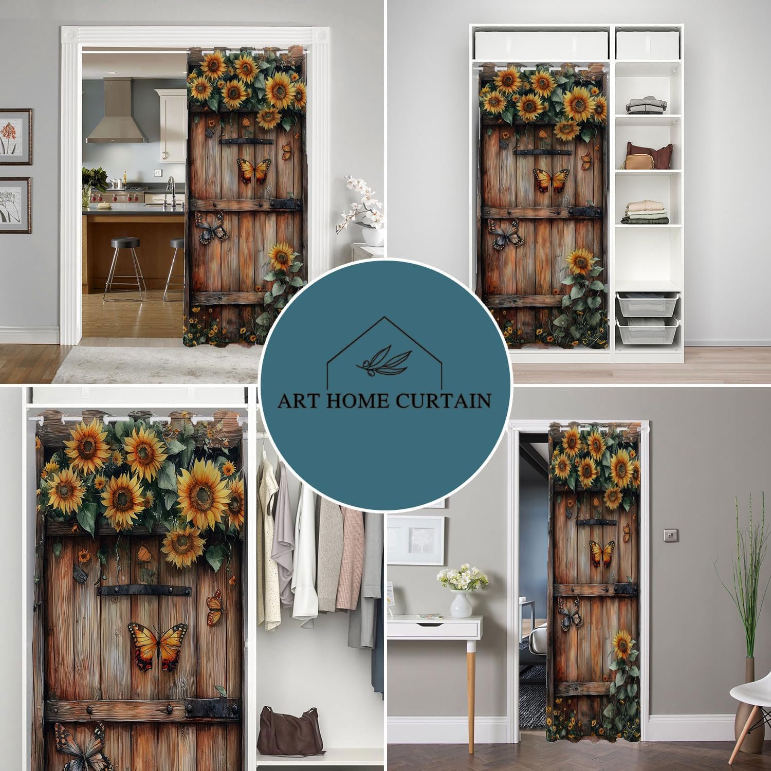 Wooden Barn Door Door Curtain for Doorway Privacy Sunflower Flowers Butterfly Country Closet Door Cover Curtain for Darkening Door Drape for Kid Teens Boys Teens, 1 Panel 34" W X 80" L
