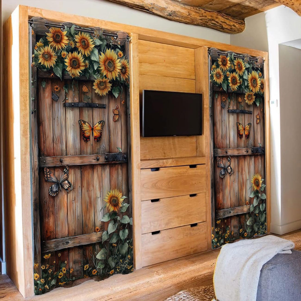 Wooden Barn Door Door Curtain for Doorway Privacy Sunflower Flowers Butterfly Country Closet Door Cover Curtain for Darkening Door Drape for Kid Teens Boys Teens, 1 Panel 34" W X 80" L