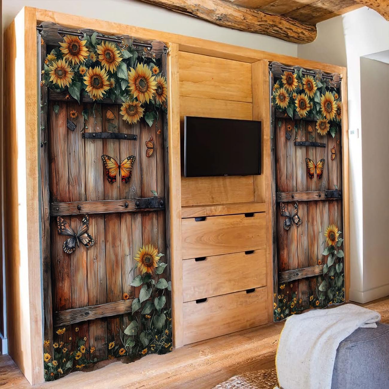 Wooden Barn Door Door Curtain for Doorway Privacy Sunflower Flowers Butterfly Country Closet Door Cover Curtain for Darkening Door Drape for Kid Teens Boys Teens, 1 Panel 34" W X 80" L