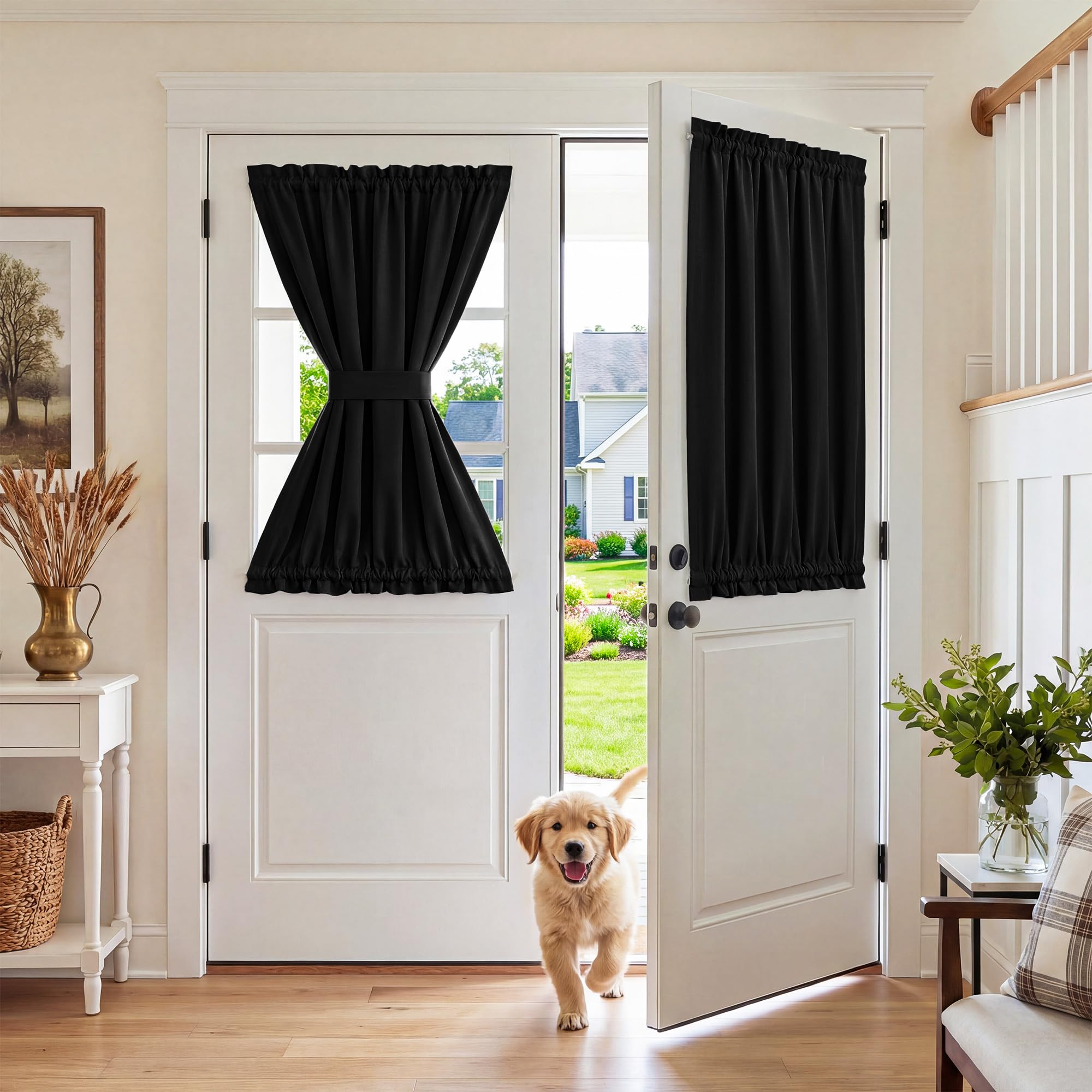 RYB HOME 100% Blackout French Door Curtain for Door Window with Dual Rod Pocket No Coating - Privacy Assured Thermal Insulated Room Darkening Drapes for Sidelight Window, W 26 x L 72, 1 Panel, Black