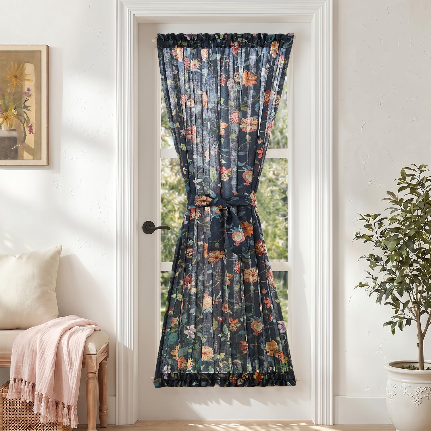 jinchan Floral French Door Curtain Panel Farmhouse Decor Light Filtering Linen with Tie Up Bow for Glass Door or Patio 72 Inch Length Rod Pocket 1 Panel Blue on Linen