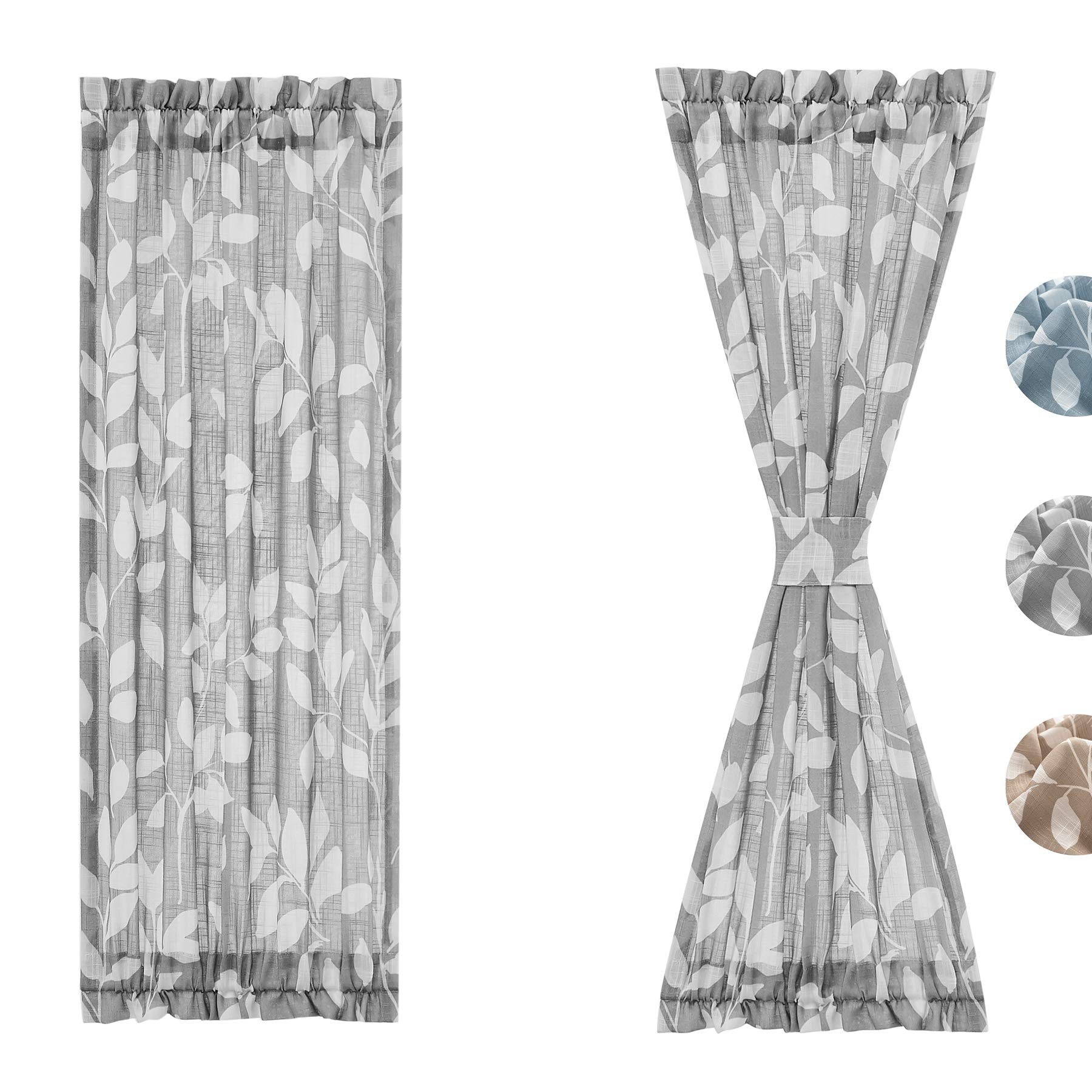 Treatmentex French Door Curtain Panels 40" Blue White Leaf Design Glass Door Curtain Not See Through Linen Textured Semi Sheer Curtain Fabric 52" w 1 Pcs