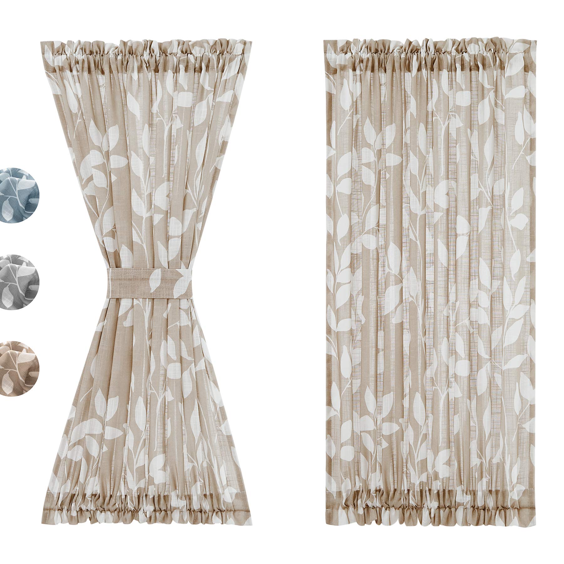Treatmentex French Door Curtain Panels 40" Blue White Leaf Design Glass Door Curtain Not See Through Linen Textured Semi Sheer Curtain Fabric 52" w 1 Pcs