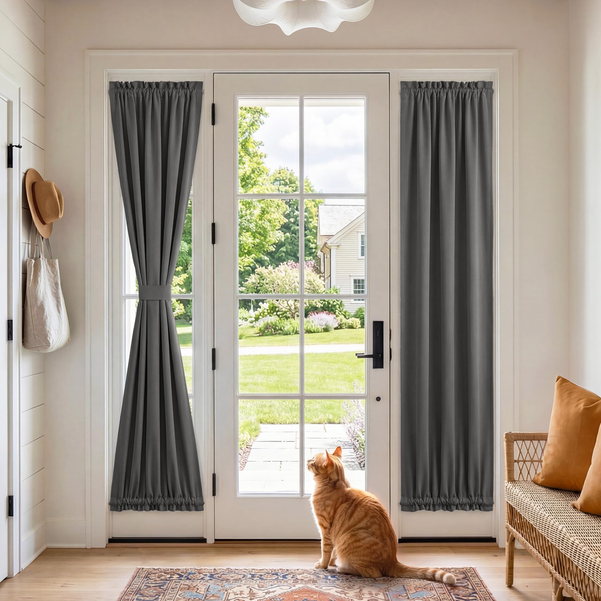 RYB HOME 100% Blackout French Door Curtain for Door Window with Dual Rod Pocket No Coating - Privacy Assured Thermal Insulated Room Darkening Drapes for Sidelight Window, W 26 x L 72, 1 Panel, Black