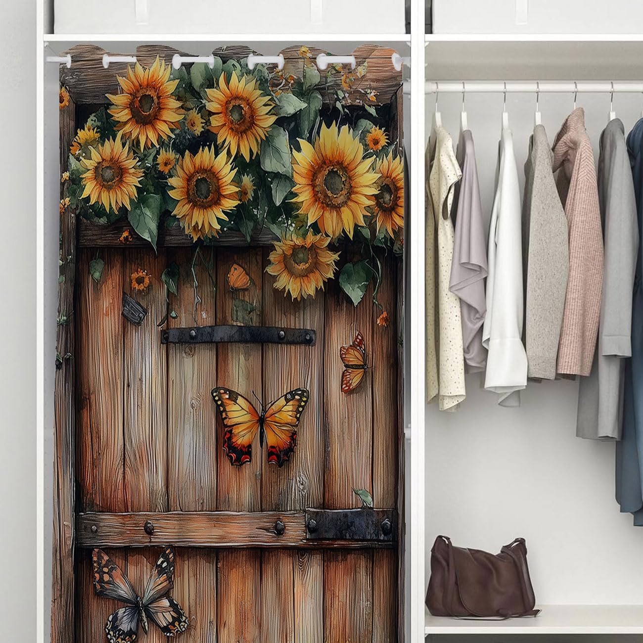 Wooden Barn Door Door Curtain for Doorway Privacy Sunflower Flowers Butterfly Country Closet Door Cover Curtain for Darkening Door Drape for Kid Teens Boys Teens, 1 Panel 34" W X 80" L