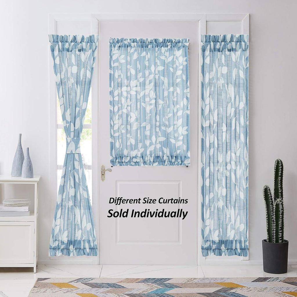 Treatmentex French Door Curtain Panels 40" Blue White Leaf Design Glass Door Curtain Not See Through Linen Textured Semi Sheer Curtain Fabric 52" w 1 Pcs