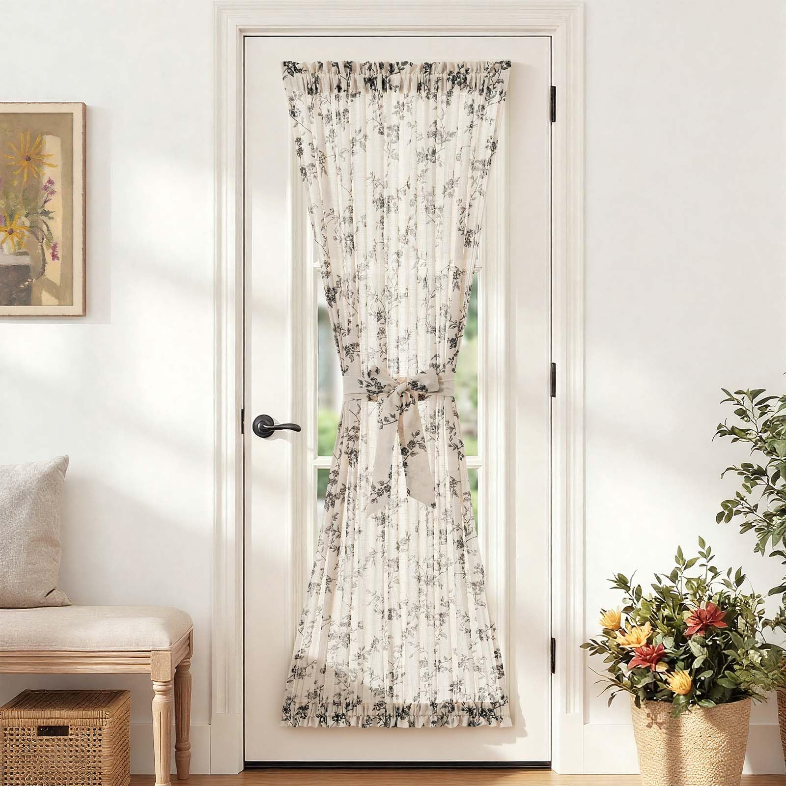 jinchan Floral French Door Curtain Panel Farmhouse Decor Light Filtering Linen with Tie Up Bow for Glass Door or Patio 72 Inch Length Rod Pocket 1 Panel Blue on Linen