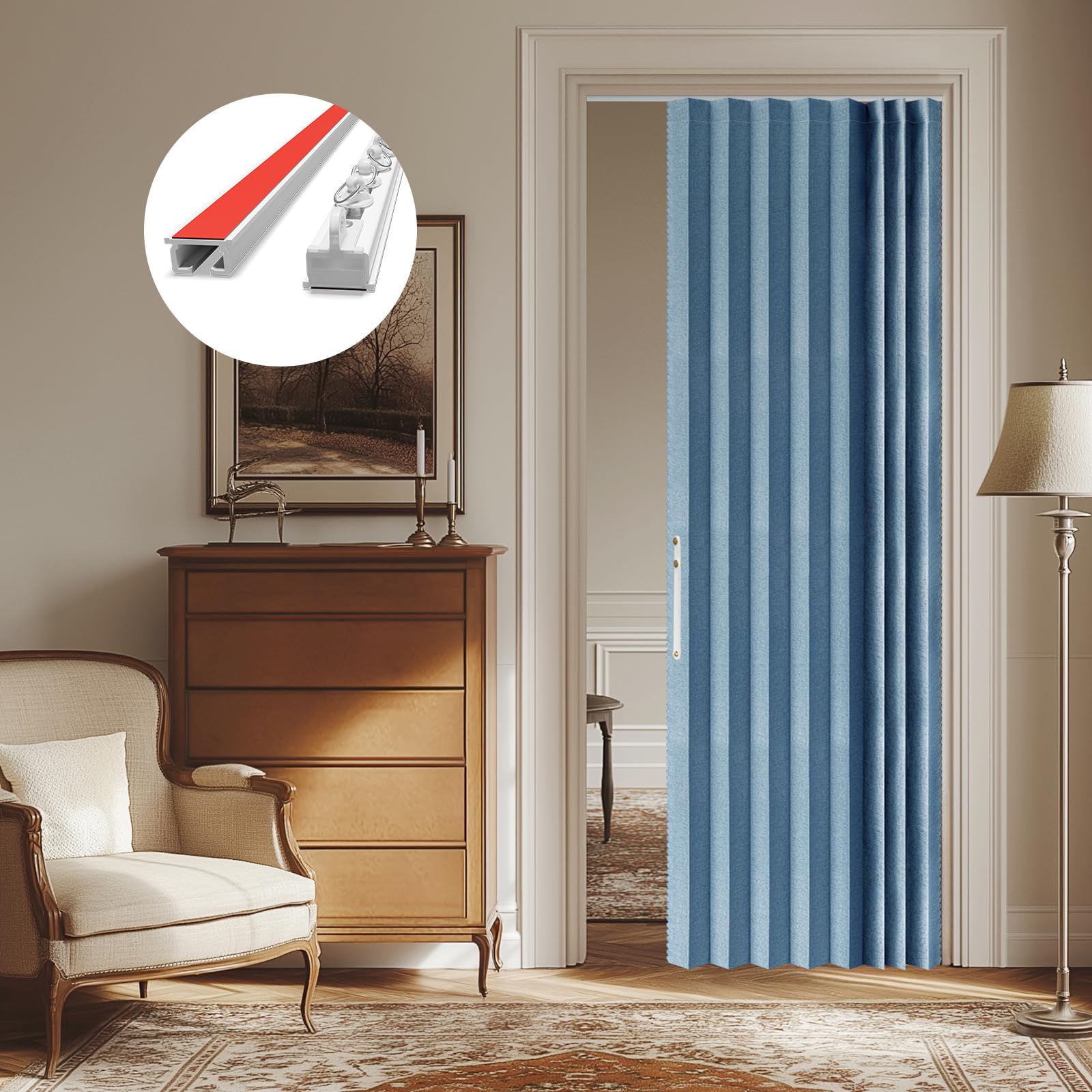 AJAZZ 100% Blackout Accordion Door Front Door Curtain Invisible Folding Doors Interior for Bedroom Living Room Doorway Curtain Sets Included Tracks (1Panel, 53W x 79 L, Black)