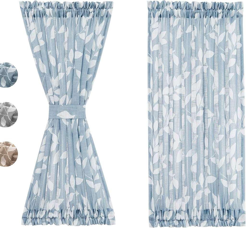 Treatmentex French Door Curtain Panels 40" Blue White Leaf Design Glass Door Curtain Not See Through Linen Textured Semi Sheer Curtain Fabric 52" w 1 Pcs