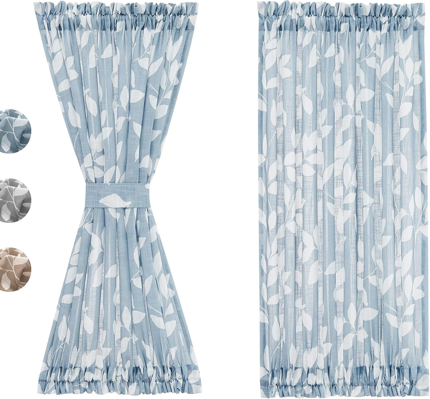 Treatmentex French Door Curtain Panels 40" Blue White Leaf Design Glass Door Curtain Not See Through Linen Textured Semi Sheer Curtain Fabric 52" w 1 Pcs