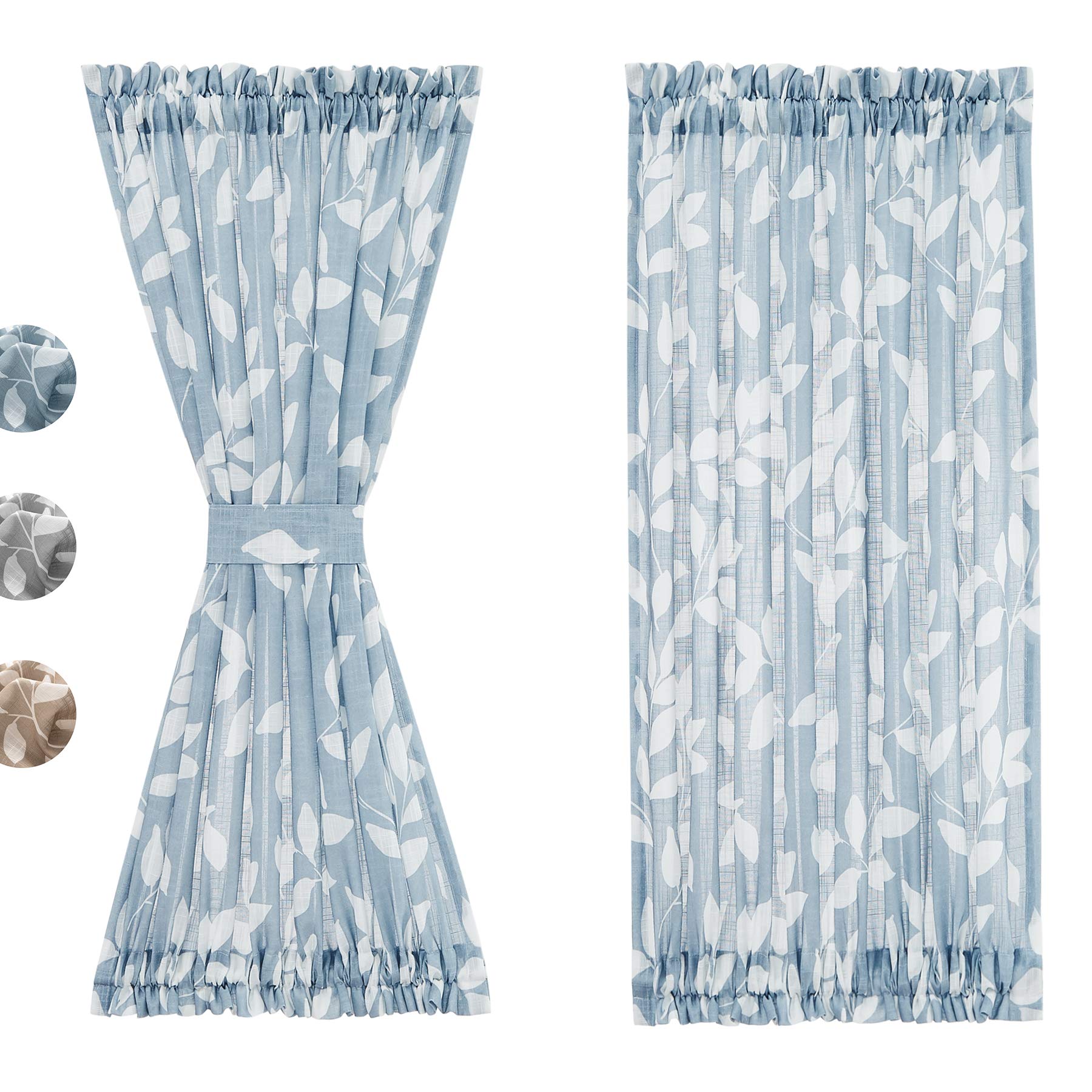 Treatmentex French Door Curtain Panels 40" Blue White Leaf Design Glass Door Curtain Not See Through Linen Textured Semi Sheer Curtain Fabric 52" w 1 Pcs