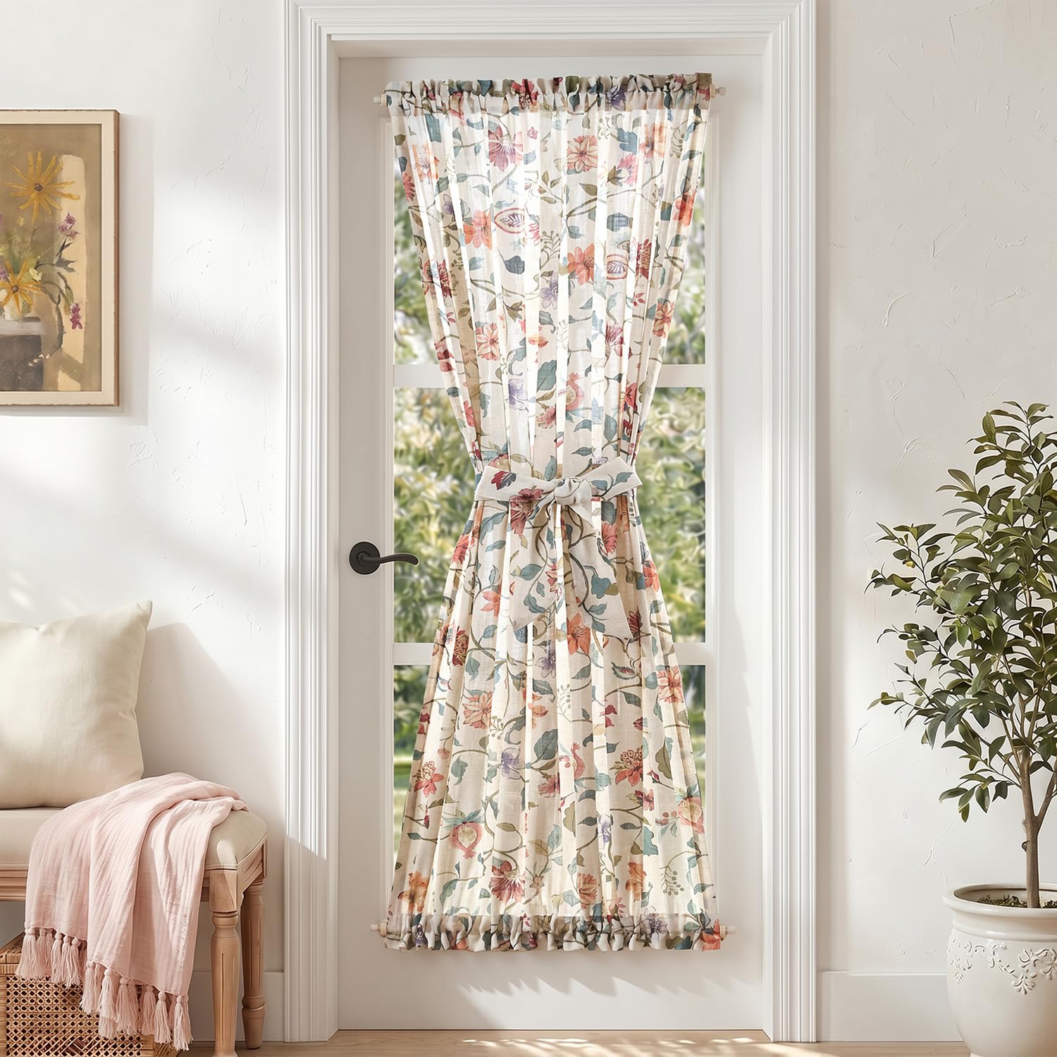 jinchan Floral French Door Curtain Panel Farmhouse Decor Light Filtering Linen with Tie Up Bow for Glass Door or Patio 72 Inch Length Rod Pocket 1 Panel Blue on Linen