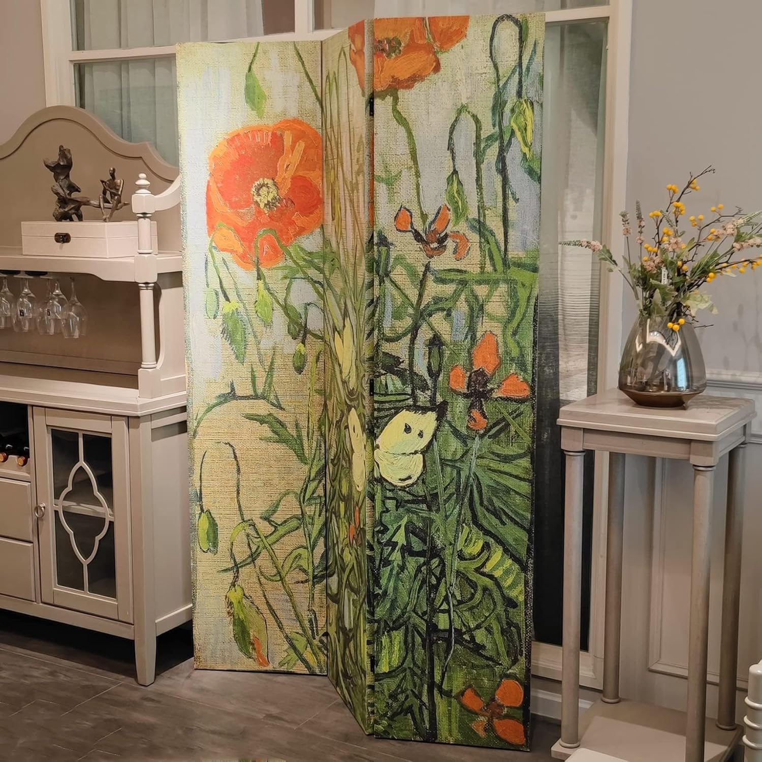 Room Divider Wood Privacy Screens Van Gogh's Butterflies and Poppies Painting Canvas 3-Panel Foldable Portable Separating Divider Room Partitions Freestanding Home Decor 71'' High