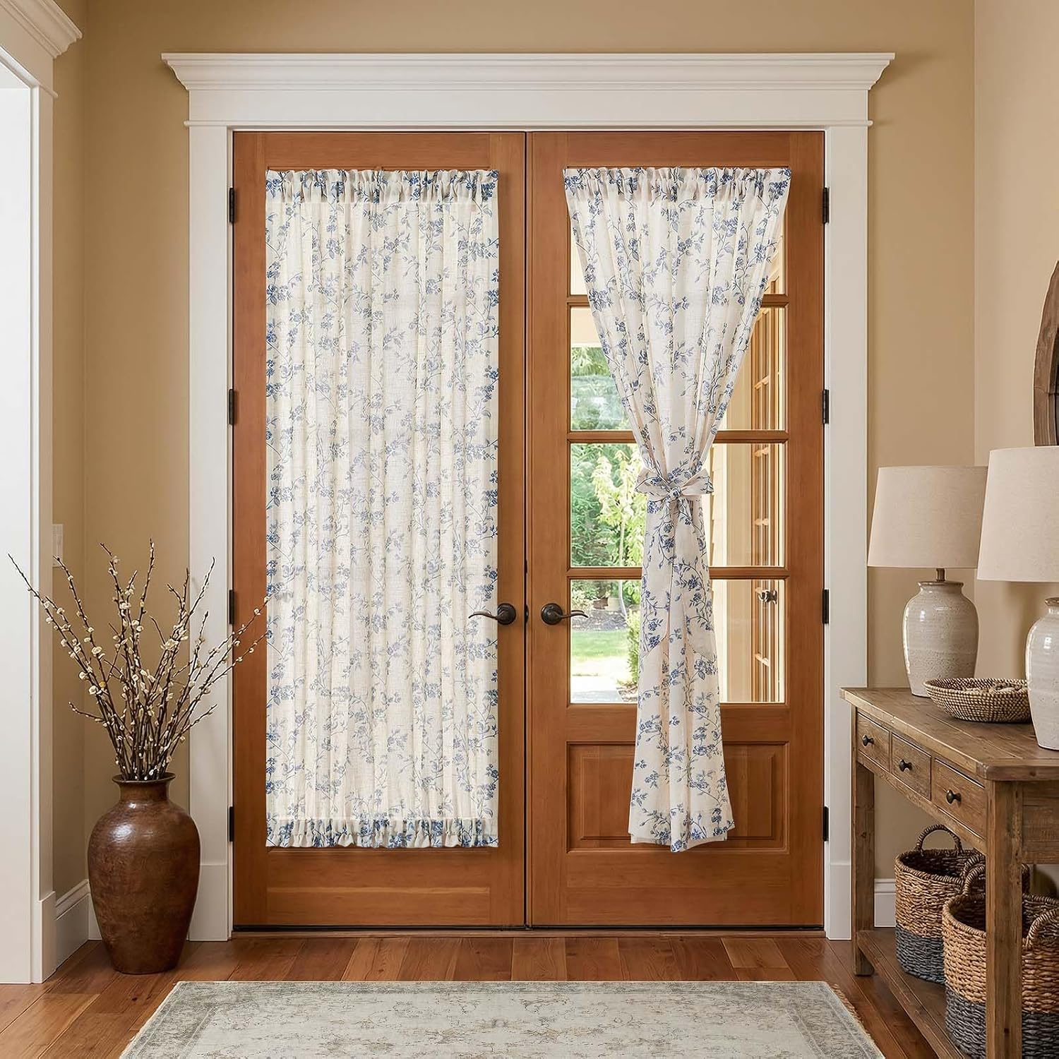 jinchan Floral French Door Curtain Panel Farmhouse Decor Light Filtering Linen with Tie Up Bow for Glass Door or Patio 72 Inch Length Rod Pocket 1 Panel Blue on Linen