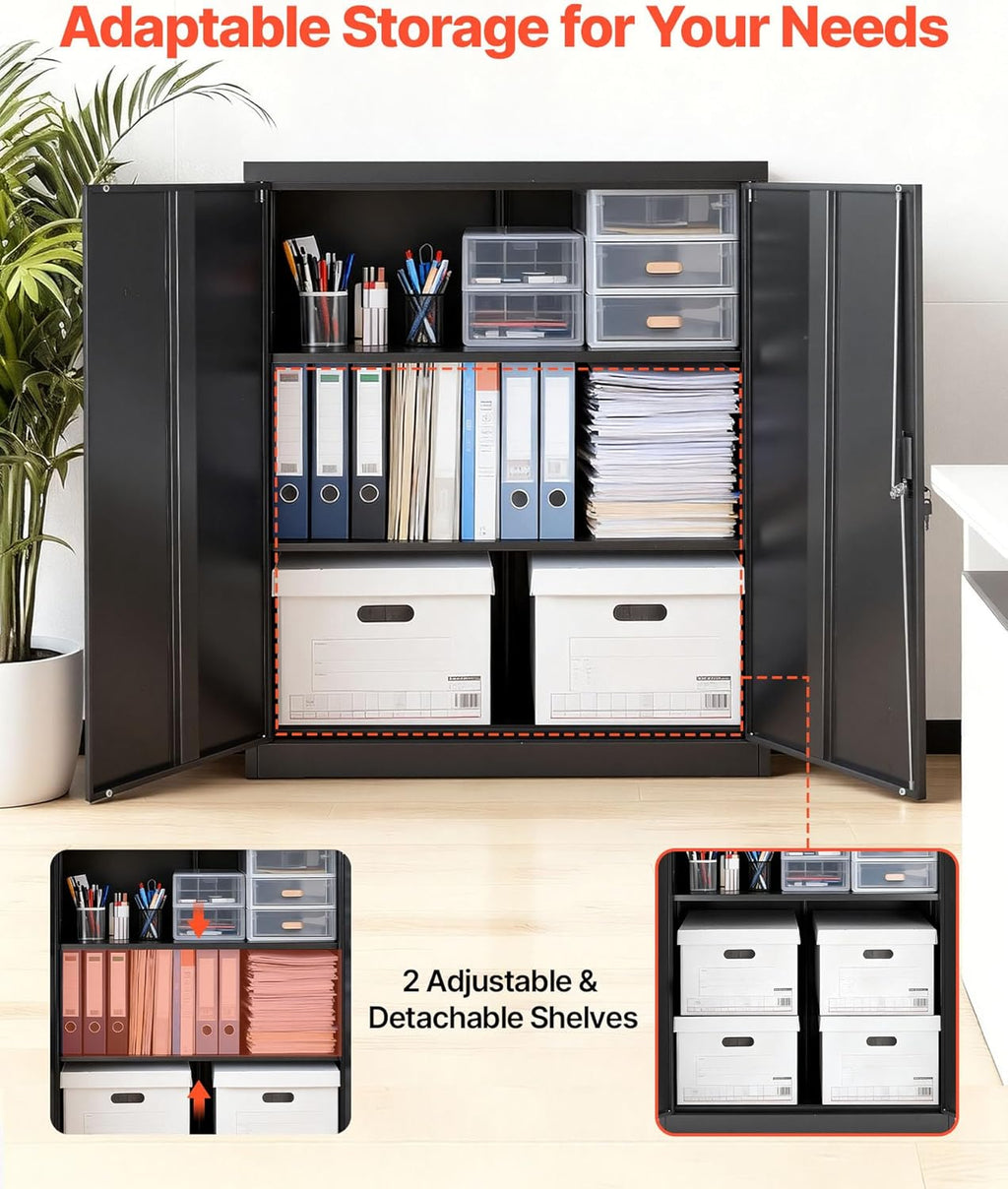 VEVOR Metal Storage Cabinet, 41.7 in Steel Garage Cabinet with 2 Adjustable Shelves, 2 Magnetic Doors & 2 Keys, 3 Tiers Lockable Tool Storage for Pantry, Warehouse, Basement, Office, Black