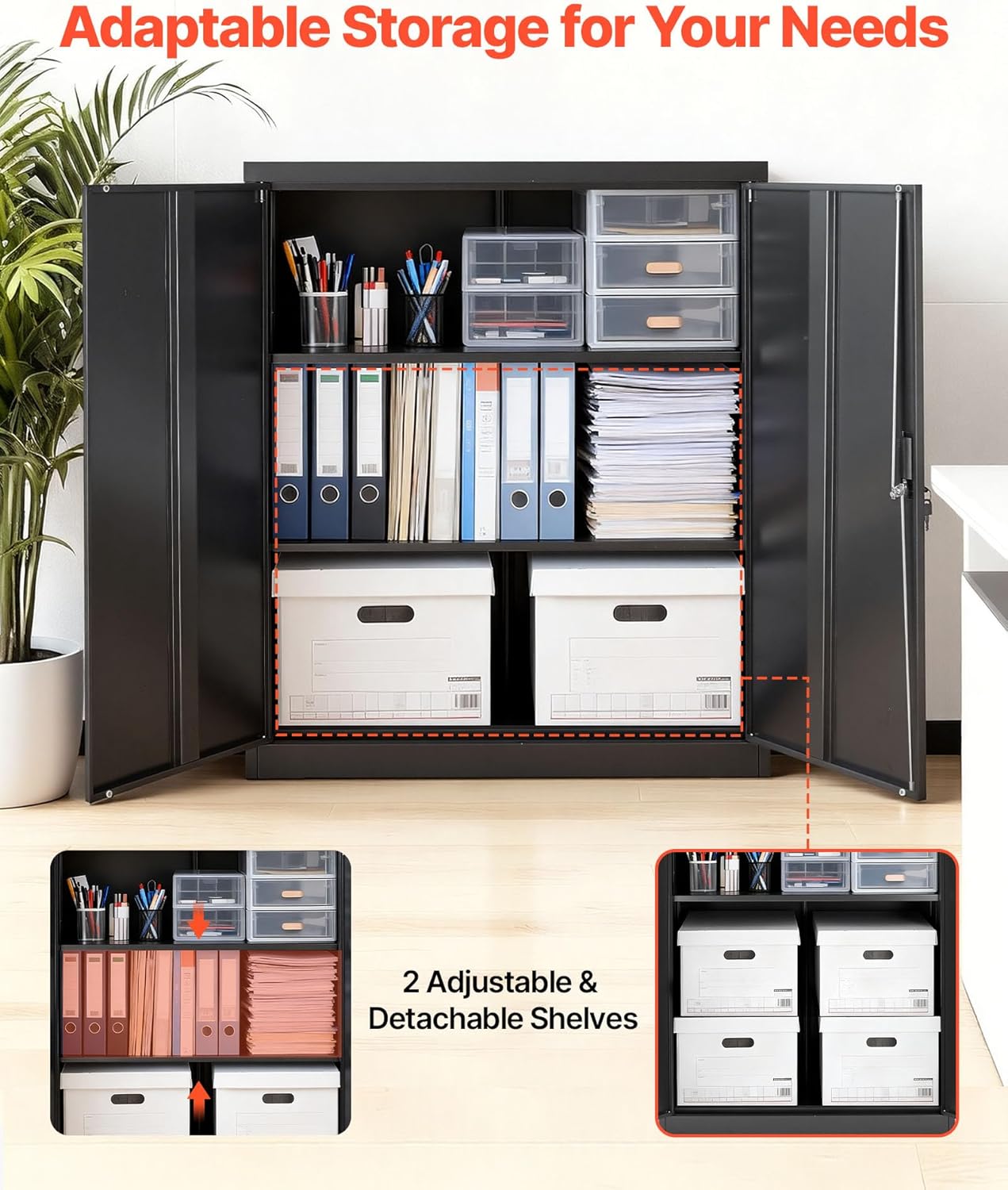 VEVOR Metal Storage Cabinet, 41.7 in Steel Garage Cabinet with 2 Adjustable Shelves, 2 Magnetic Doors & 2 Keys, 3 Tiers Lockable Tool Storage for Pantry, Warehouse, Basement, Office, Black